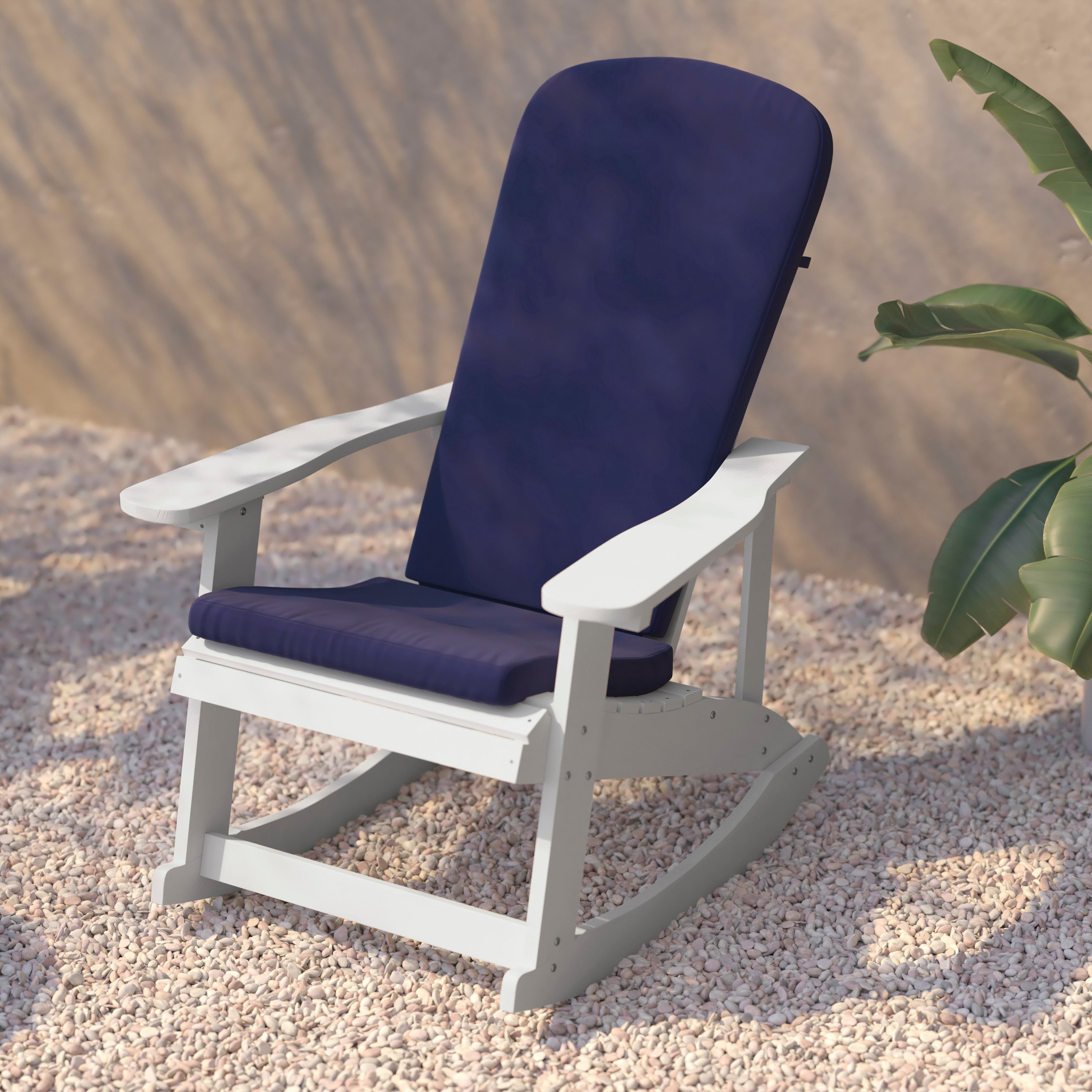Savannah Set of 2 All-Weather Poly Resin Wood Adirondack Rocking Chairs in White with Blue Cushions for Deck, Porch, and Patio