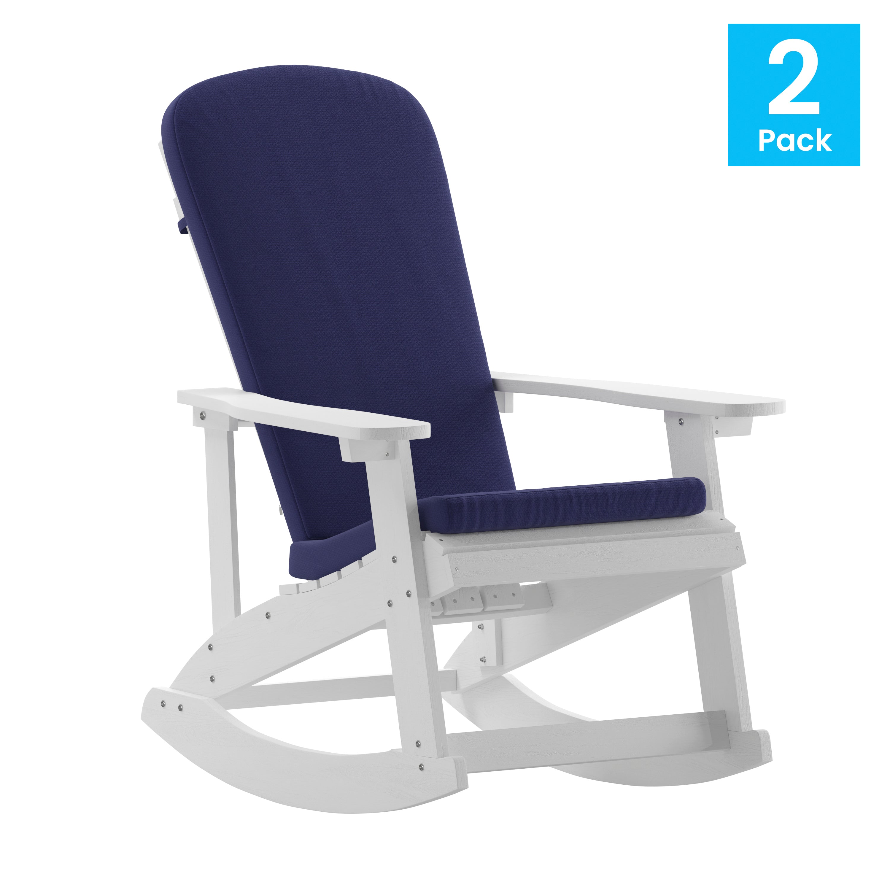 Savannah Set of 2 All-Weather Poly Resin Wood Adirondack Rocking Chairs in White with Blue Cushions for Deck, Porch, and Patio