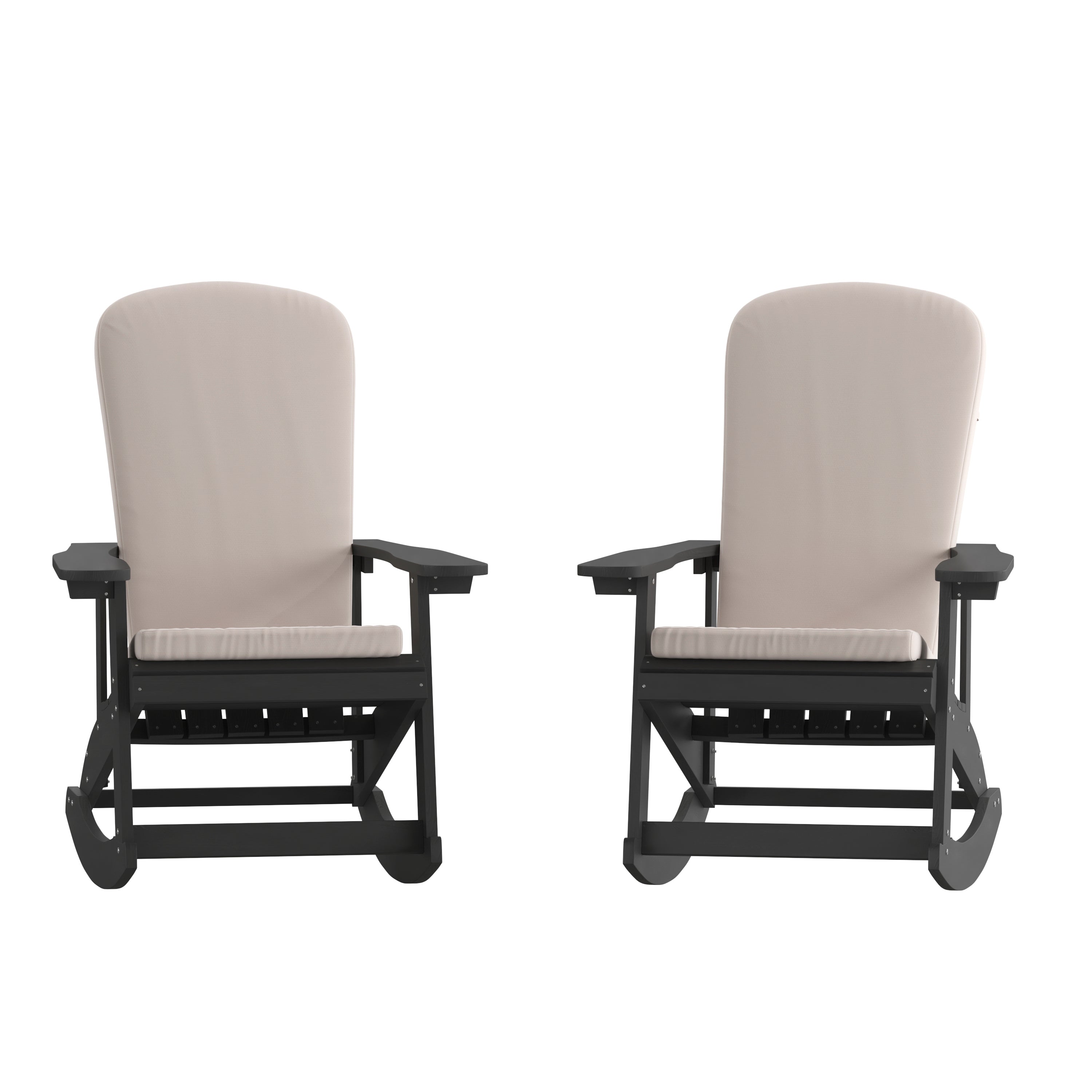 Savannah Set of 2 All-Weather Poly Resin Wood Adirondack Rocking Chairs in Black with Cream Cushions for Deck, Porch, and Patio