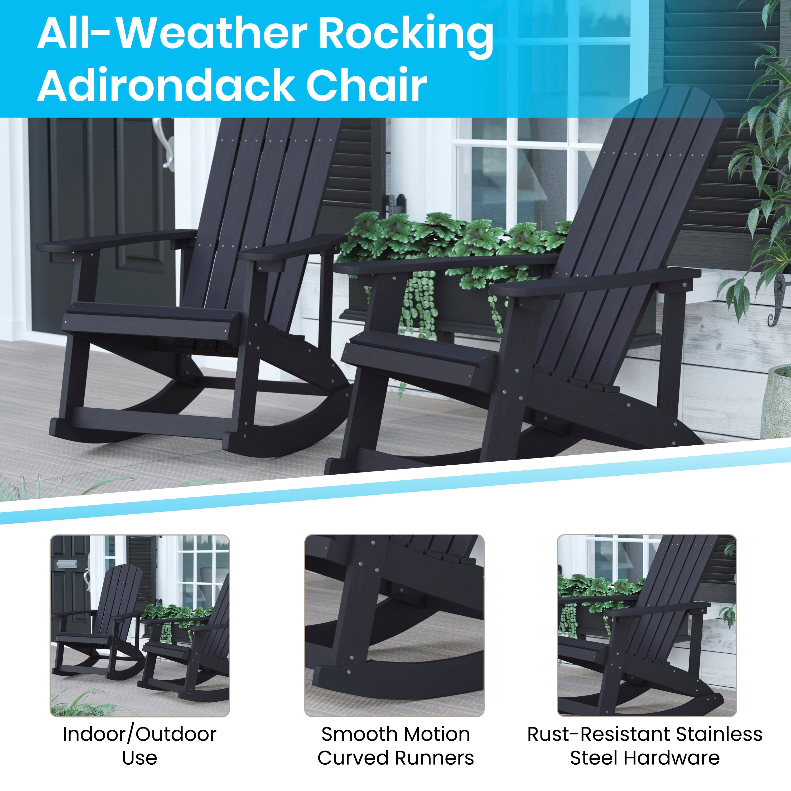 Savannah Set of 2 All-Weather Poly Resin Wood Adirondack Rocking Chairs in Black with Cream Cushions for Deck, Porch, and Patio