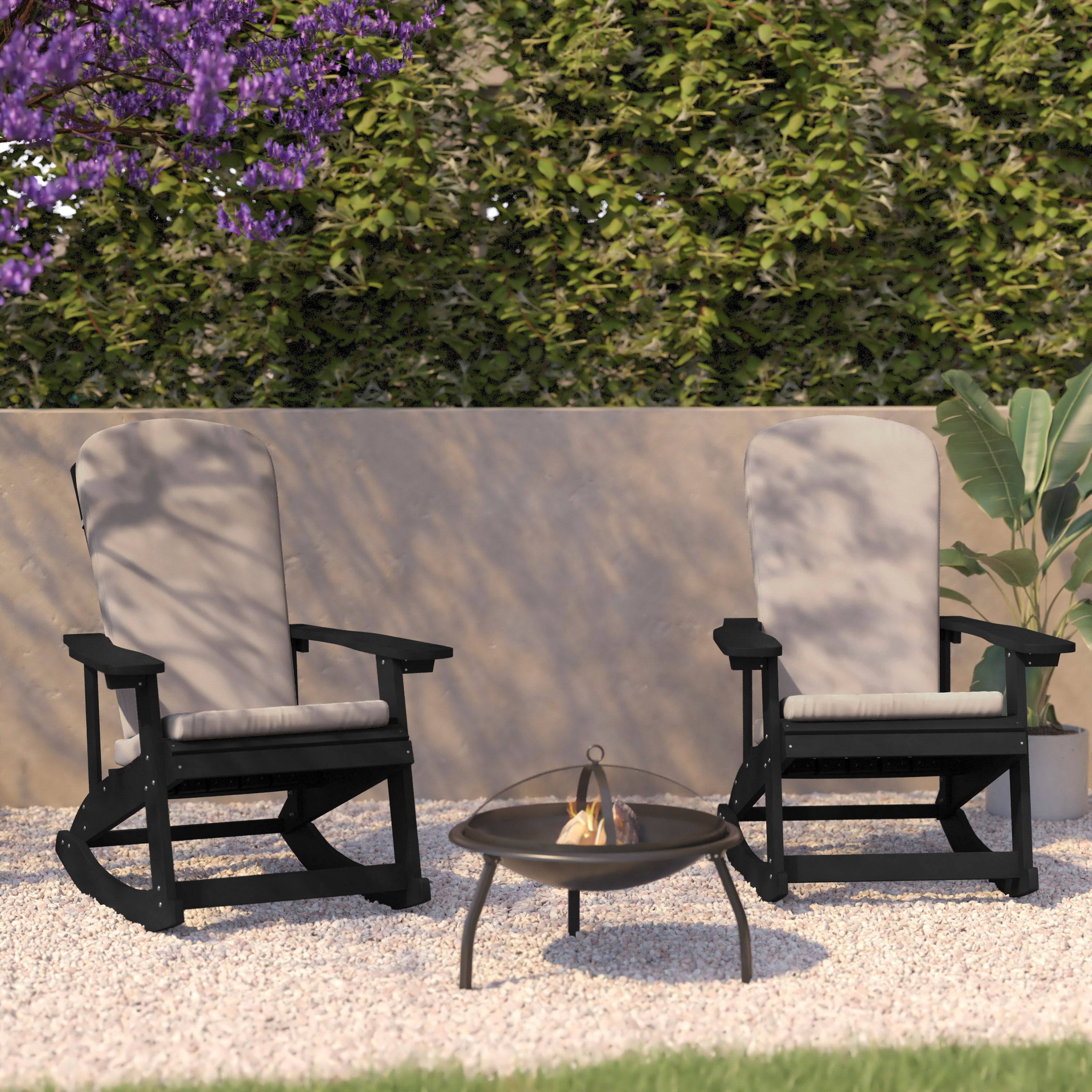 Savannah Set of 2 All-Weather Poly Resin Wood Adirondack Rocking Chairs in Black with Cream Cushions for Deck, Porch, and Patio