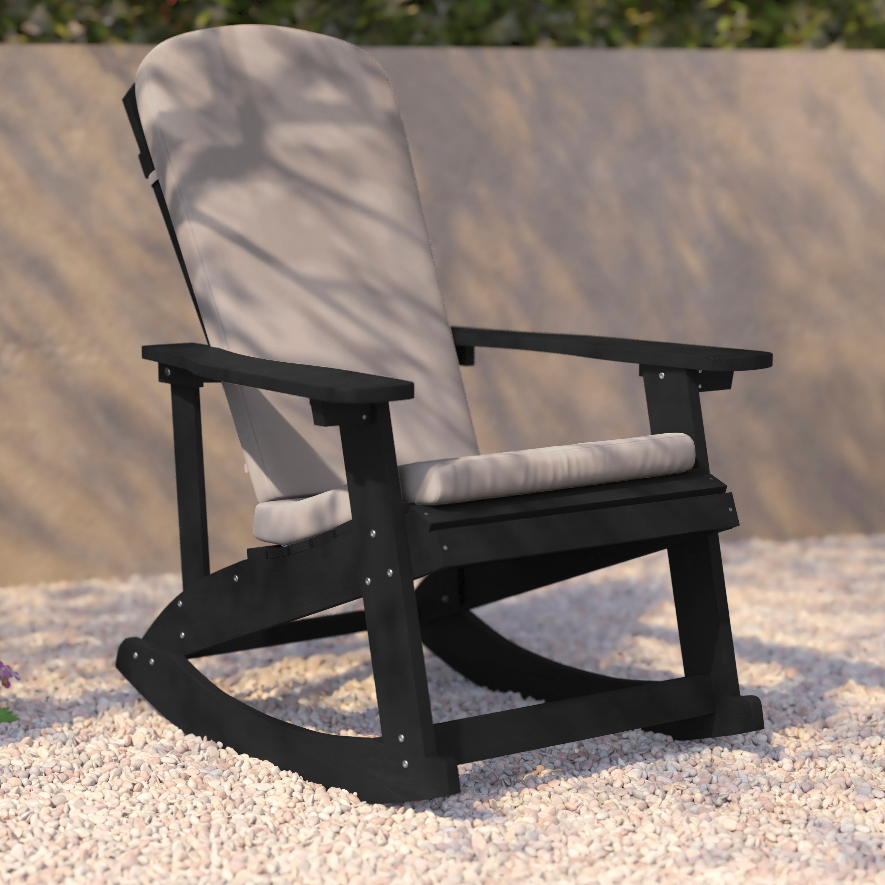Savannah Set of 2 All-Weather Poly Resin Wood Adirondack Rocking Chairs in Black with Cream Cushions for Deck, Porch, and Patio