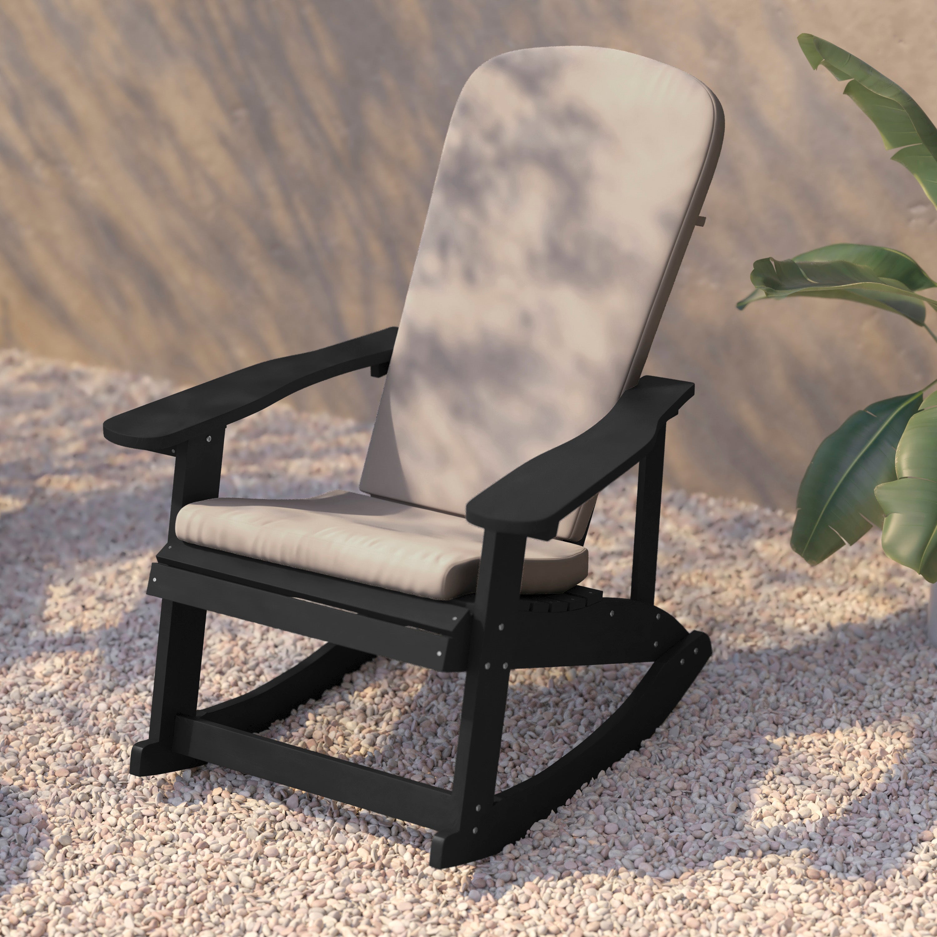 Savannah Set of 2 All-Weather Poly Resin Wood Adirondack Rocking Chairs in Black with Cream Cushions for Deck, Porch, and Patio