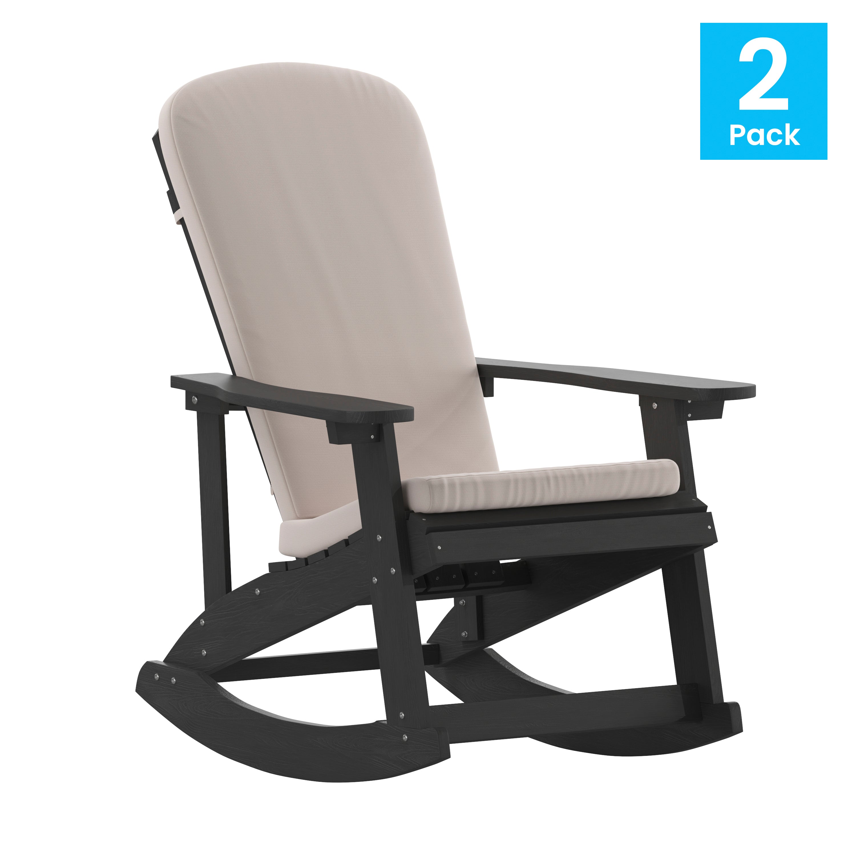 Savannah Set of 2 All-Weather Poly Resin Wood Adirondack Rocking Chairs in Black with Cream Cushions for Deck, Porch, and Patio