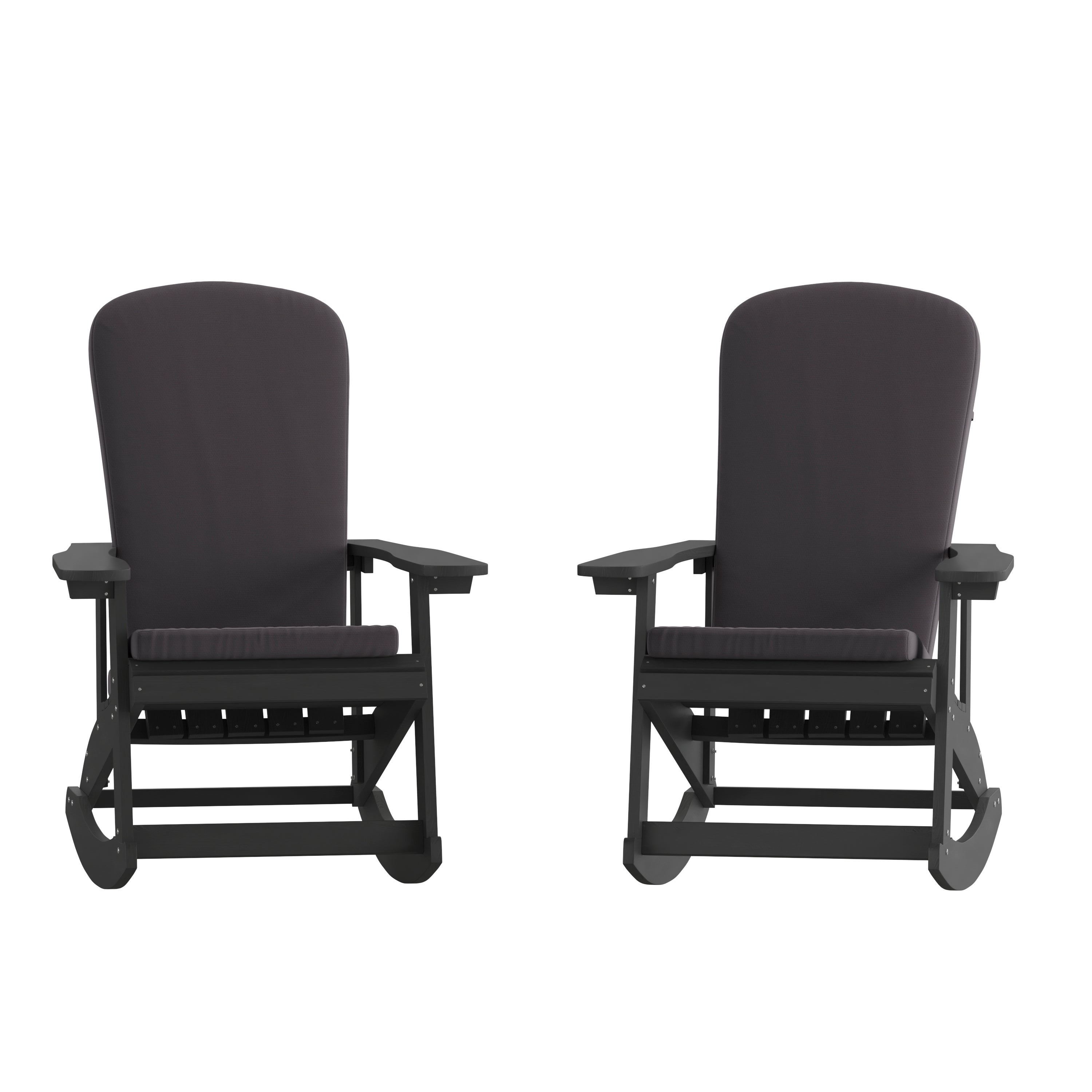 Savannah Set of 2 All-Weather Poly Resin Wood Adirondack Rocking Chairs in Black with Gray Cushions for Deck, Porch, and Patio
