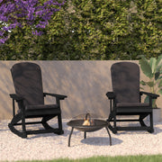 Savannah Set of 2 All-Weather Poly Resin Wood Adirondack Rocking Chairs in Black with Gray Cushions for Deck, Porch, and Patio