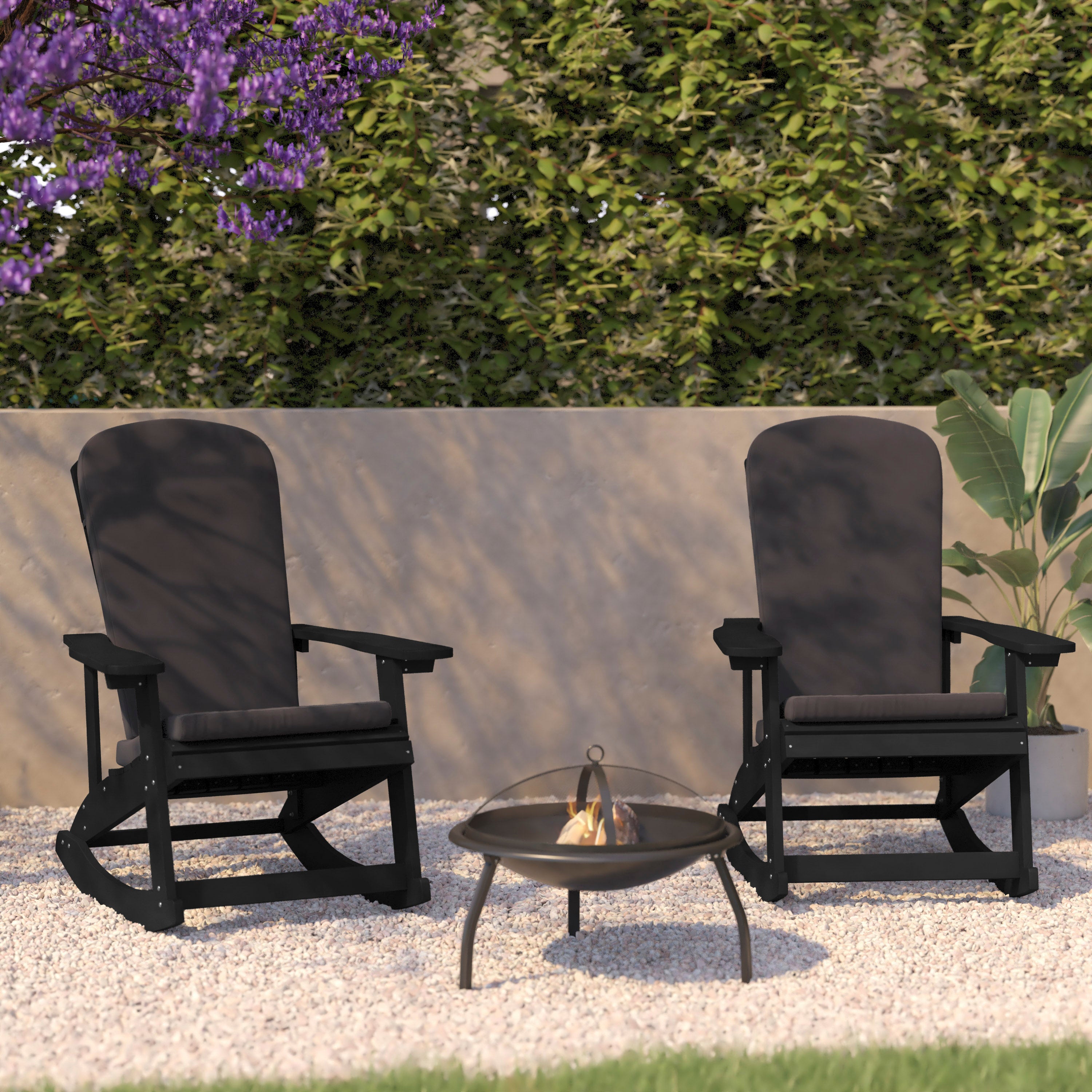 Savannah Set of 2 All-Weather Poly Resin Wood Adirondack Rocking Chairs in Black with Gray Cushions for Deck, Porch, and Patio