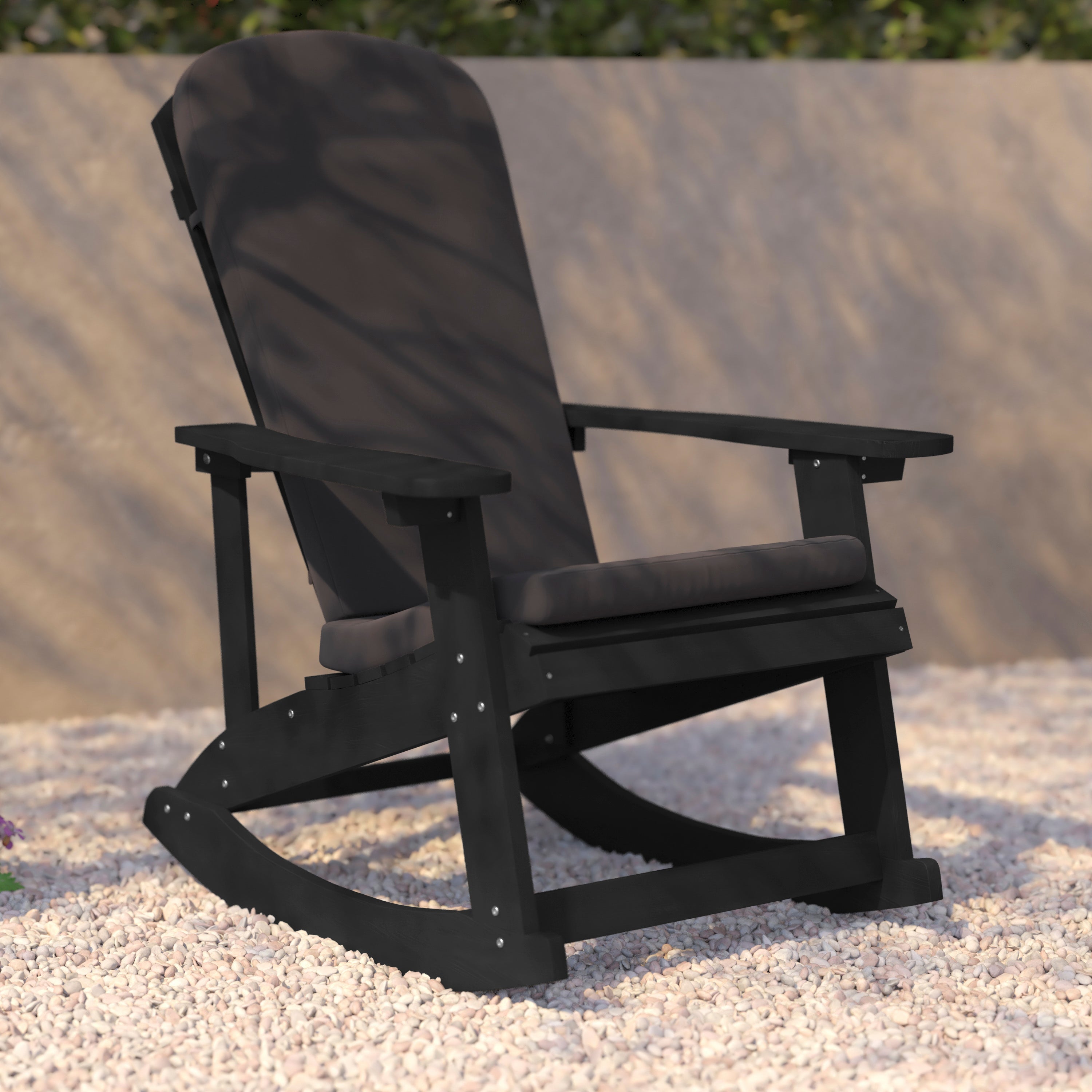 Savannah Set of 2 All-Weather Poly Resin Wood Adirondack Rocking Chairs in Black with Gray Cushions for Deck, Porch, and Patio