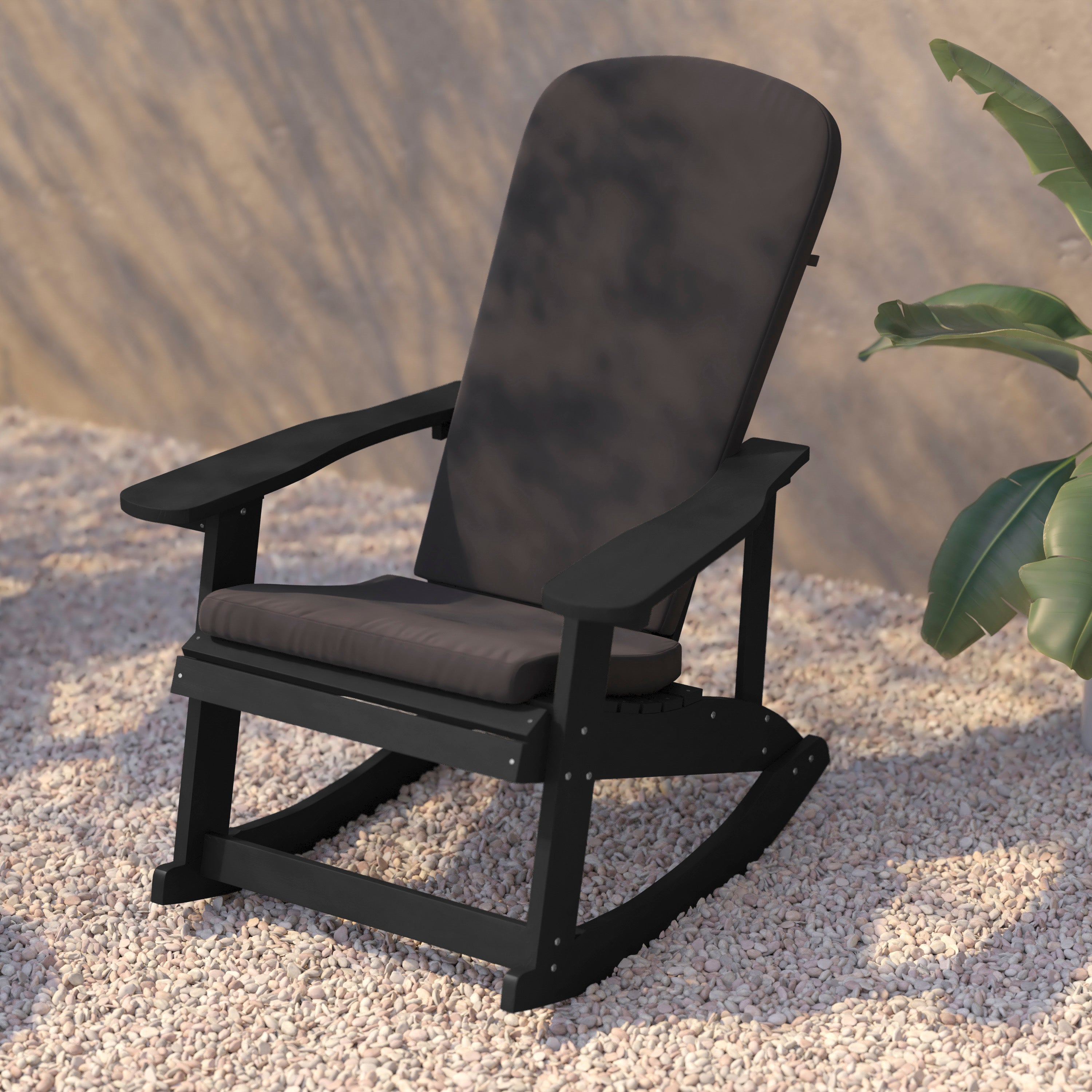 Savannah Set of 2 All-Weather Poly Resin Wood Adirondack Rocking Chairs in Black with Gray Cushions for Deck, Porch, and Patio