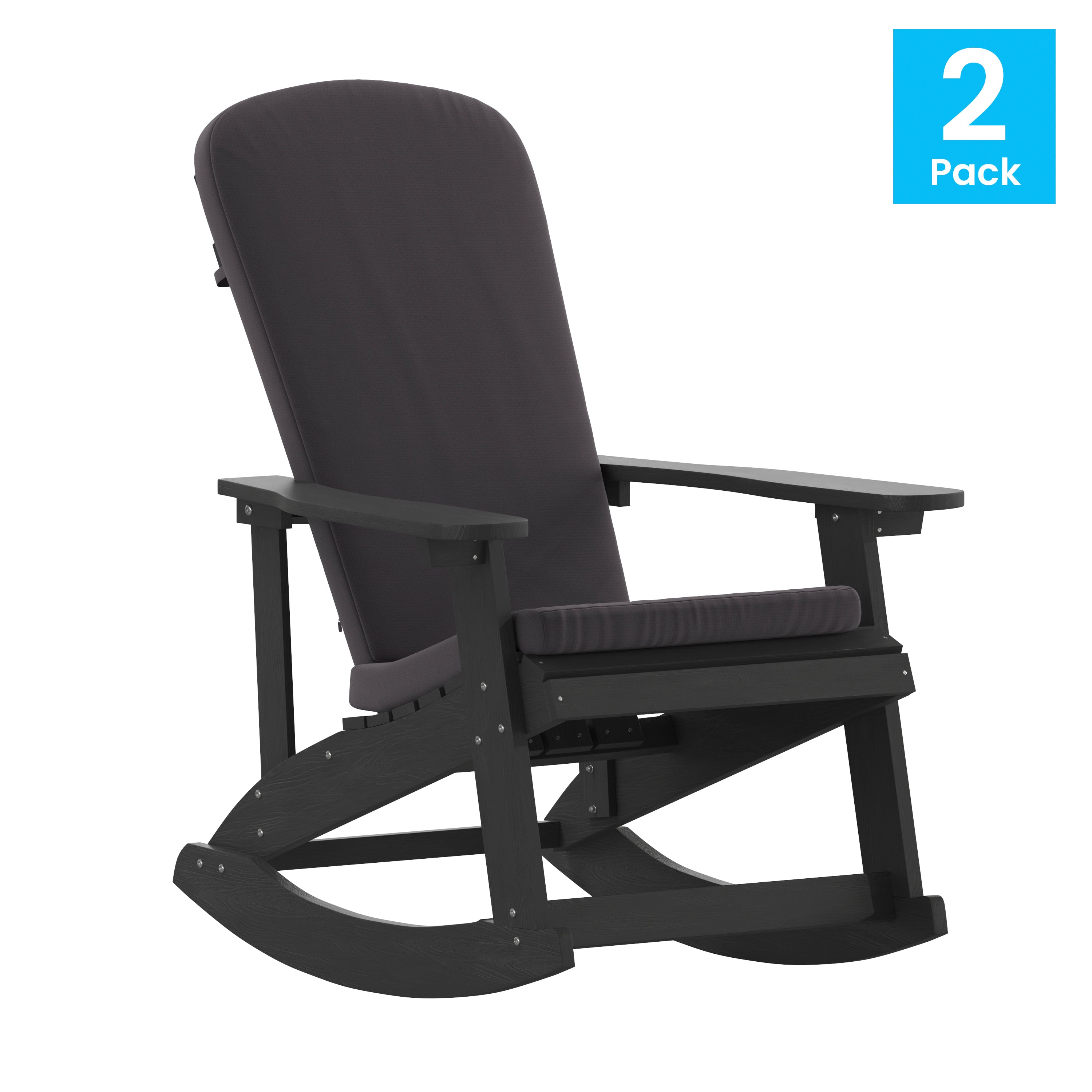 Savannah Set of 2 All-Weather Poly Resin Wood Adirondack Rocking Chairs in Black with Gray Cushions for Deck, Porch, and Patio