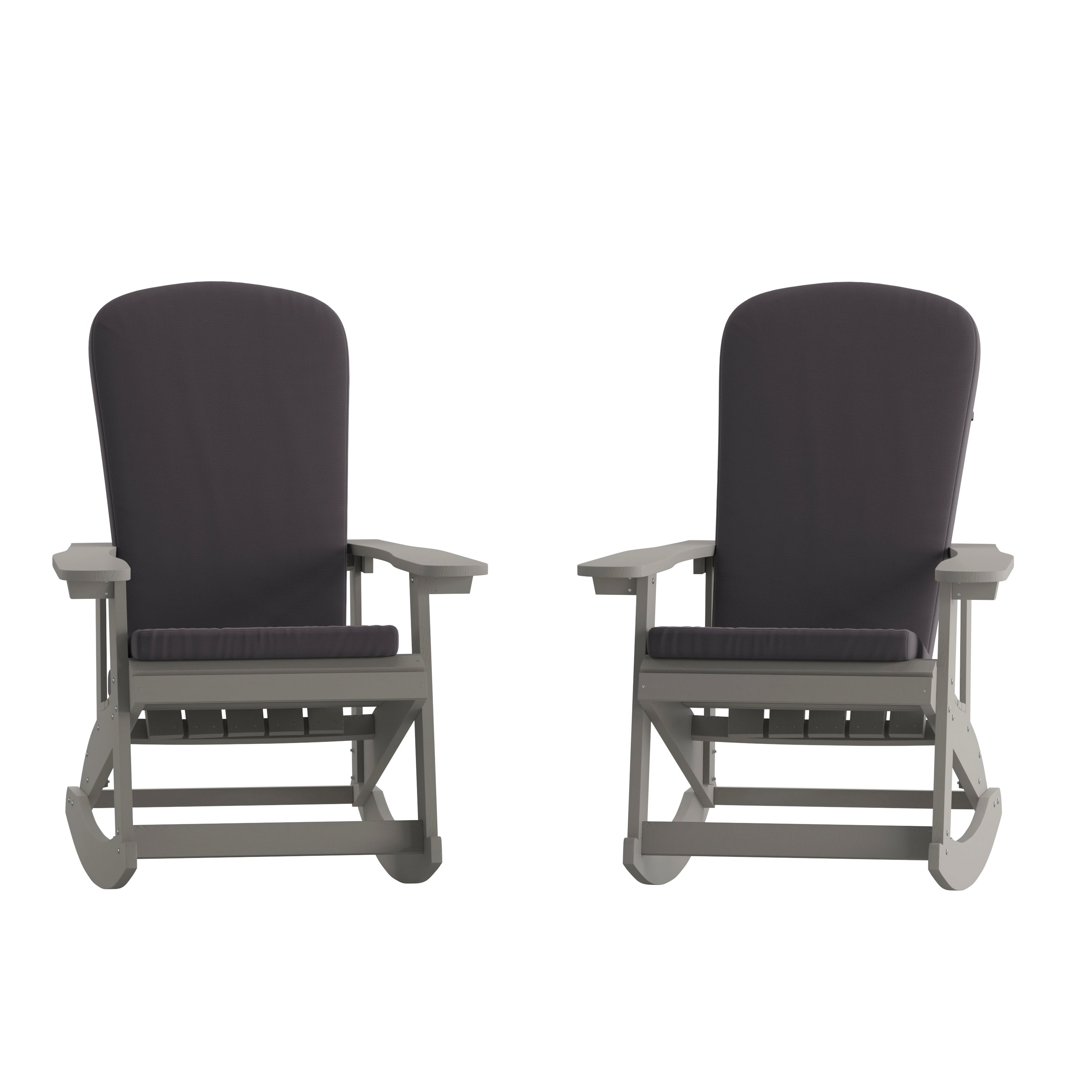 Savannah Set of 2 All-Weather Poly Resin Wood Adirondack Rocking Chairs in Gray with Gray Cushions for Deck, Porch, and Patio