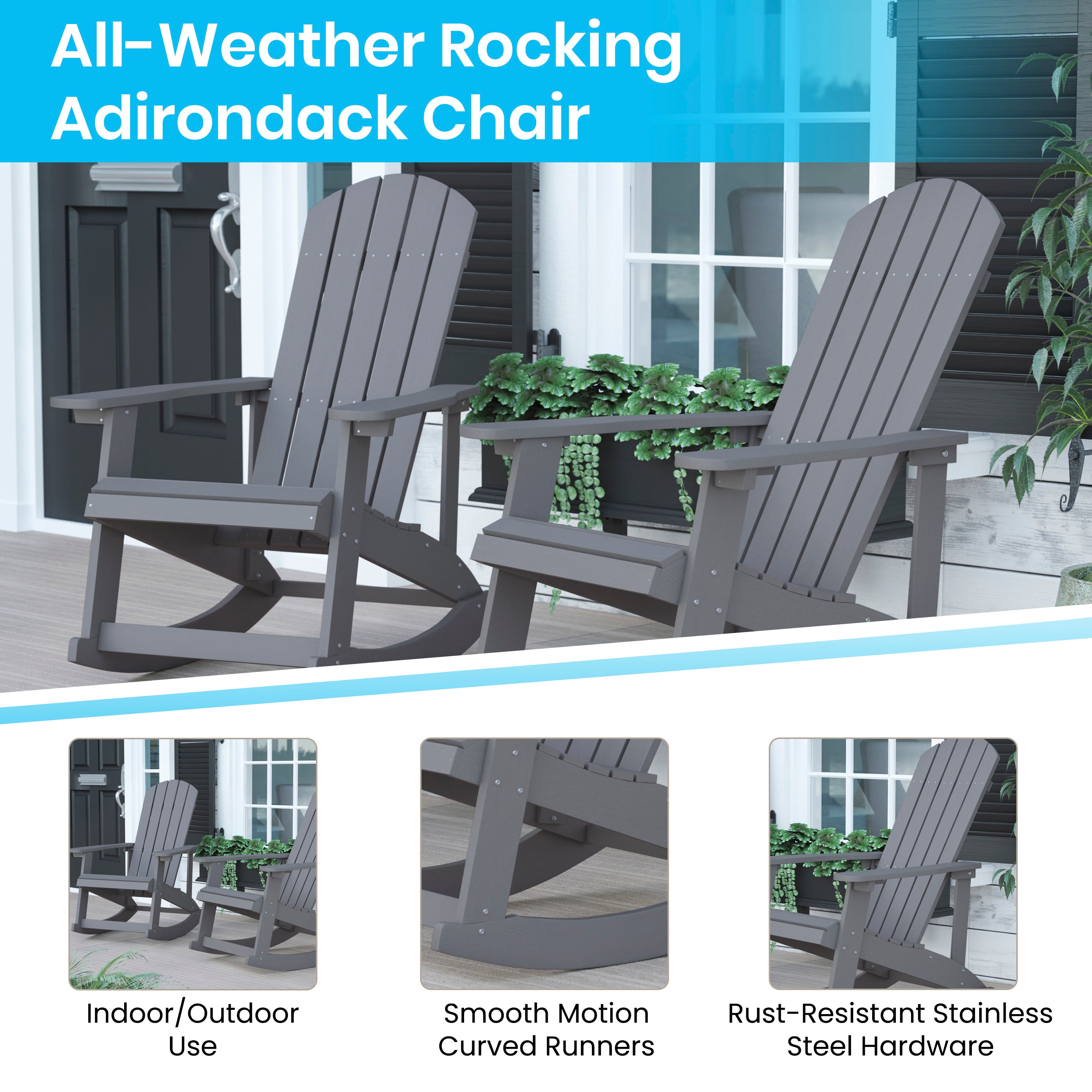 Savannah Set of 2 All-Weather Poly Resin Wood Adirondack Rocking Chairs in Gray with Gray Cushions for Deck, Porch, and Patio
