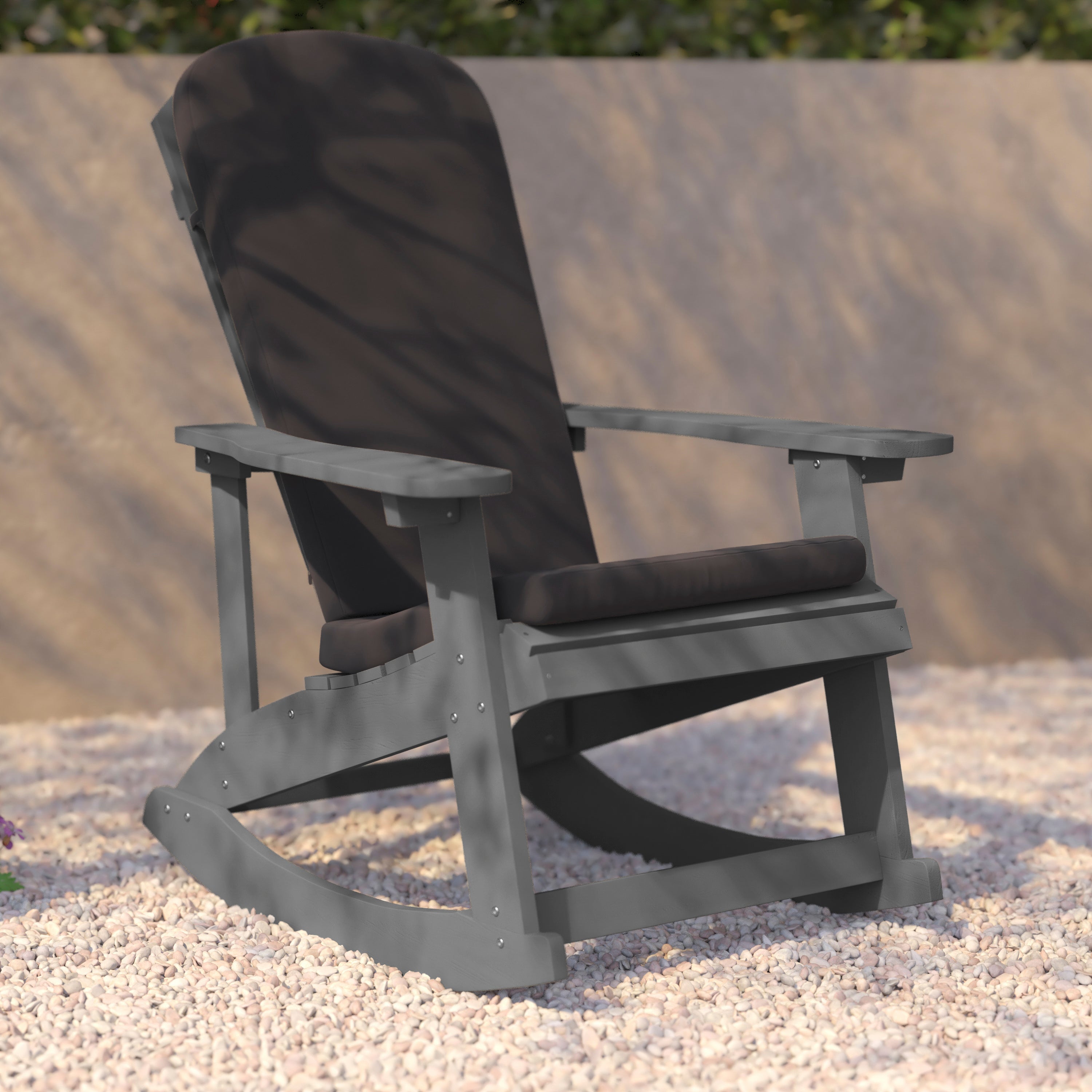 Savannah Set of 2 All-Weather Poly Resin Wood Adirondack Rocking Chairs in Gray with Gray Cushions for Deck, Porch, and Patio