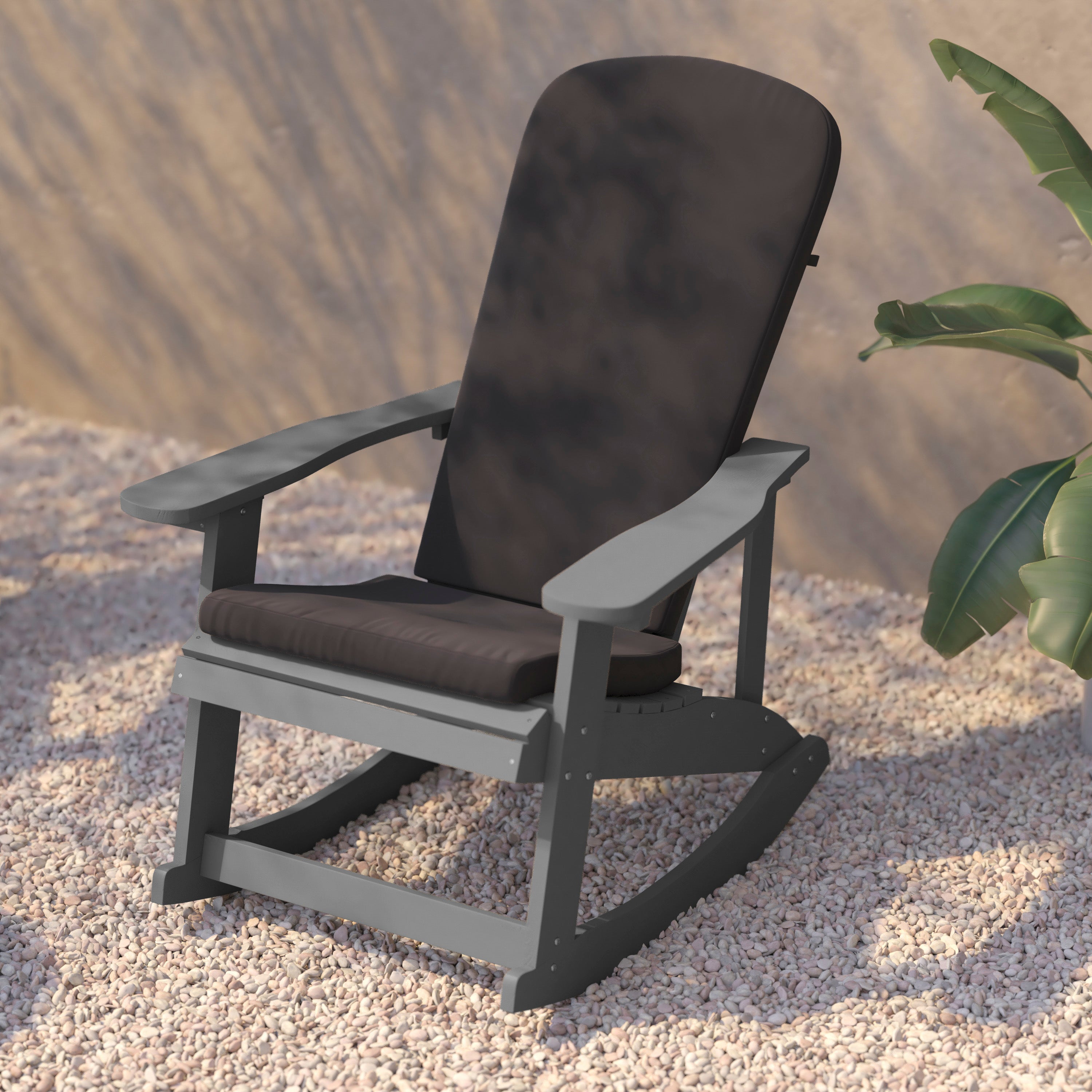 Savannah Set of 2 All-Weather Poly Resin Wood Adirondack Rocking Chairs in Gray with Gray Cushions for Deck, Porch, and Patio