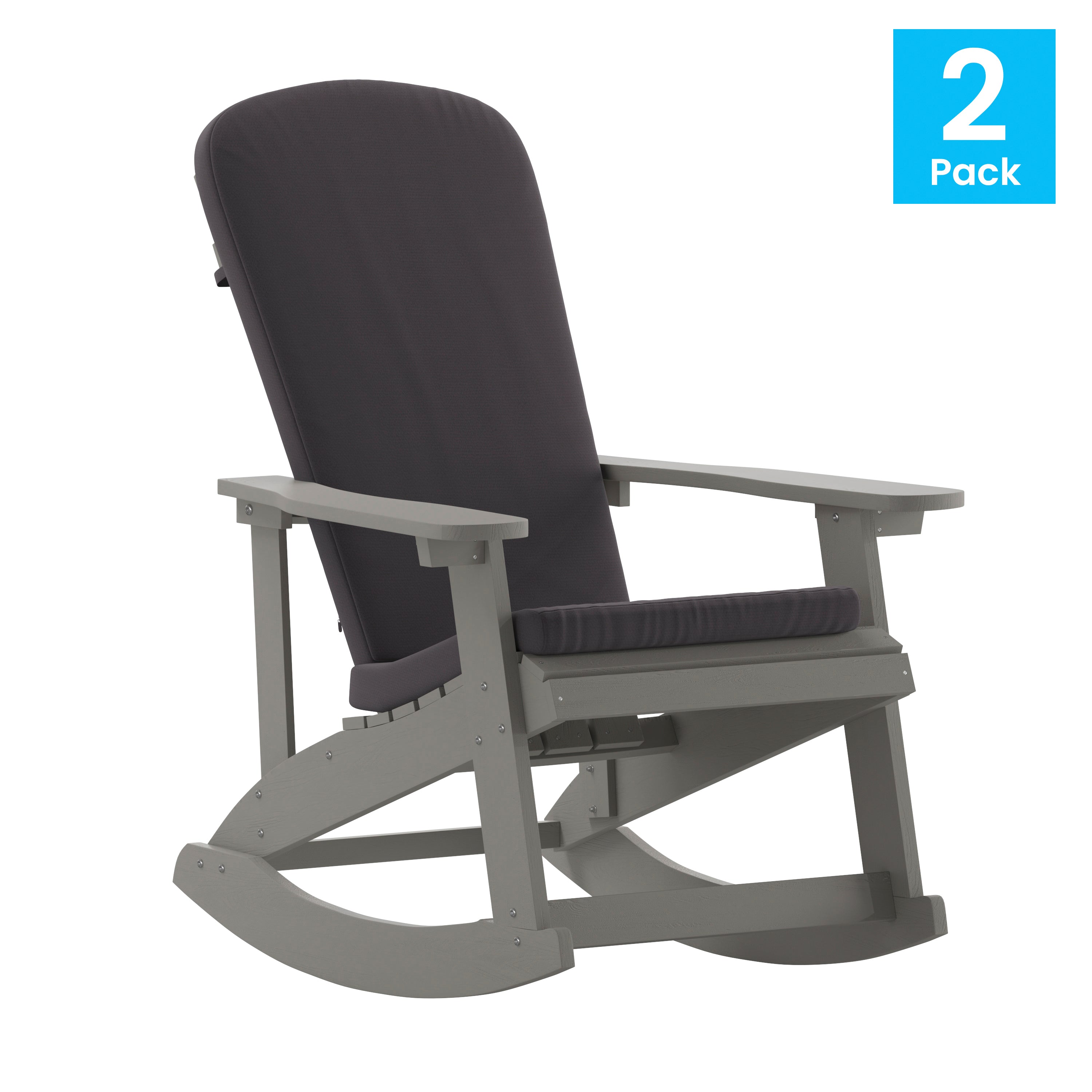 Savannah Set of 2 All-Weather Poly Resin Wood Adirondack Rocking Chairs in Gray with Gray Cushions for Deck, Porch, and Patio