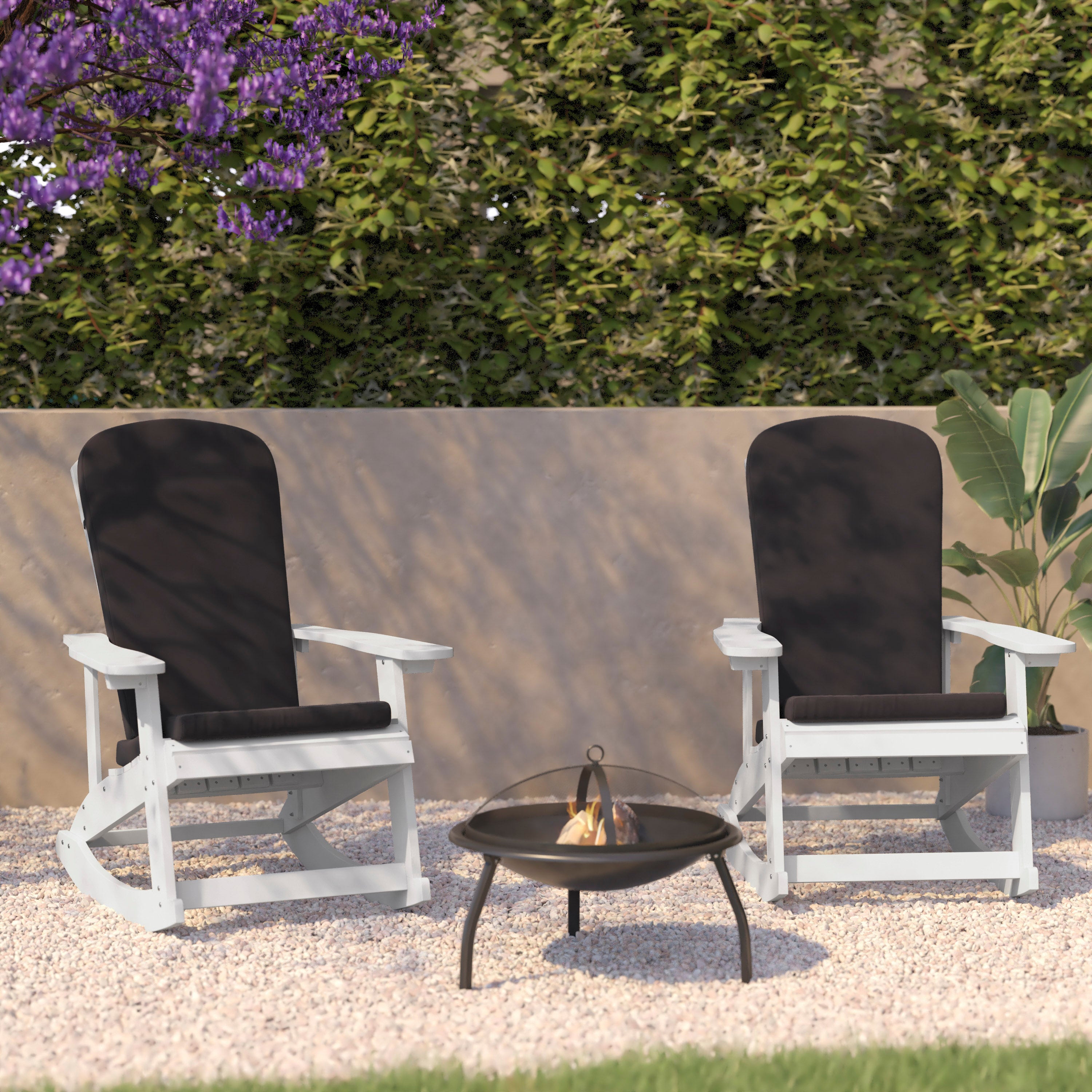 Savannah Set of 2 All-Weather Poly Resin Wood Adirondack Rocking Chairs in White with Gray Cushions for Deck, Porch, and Patio