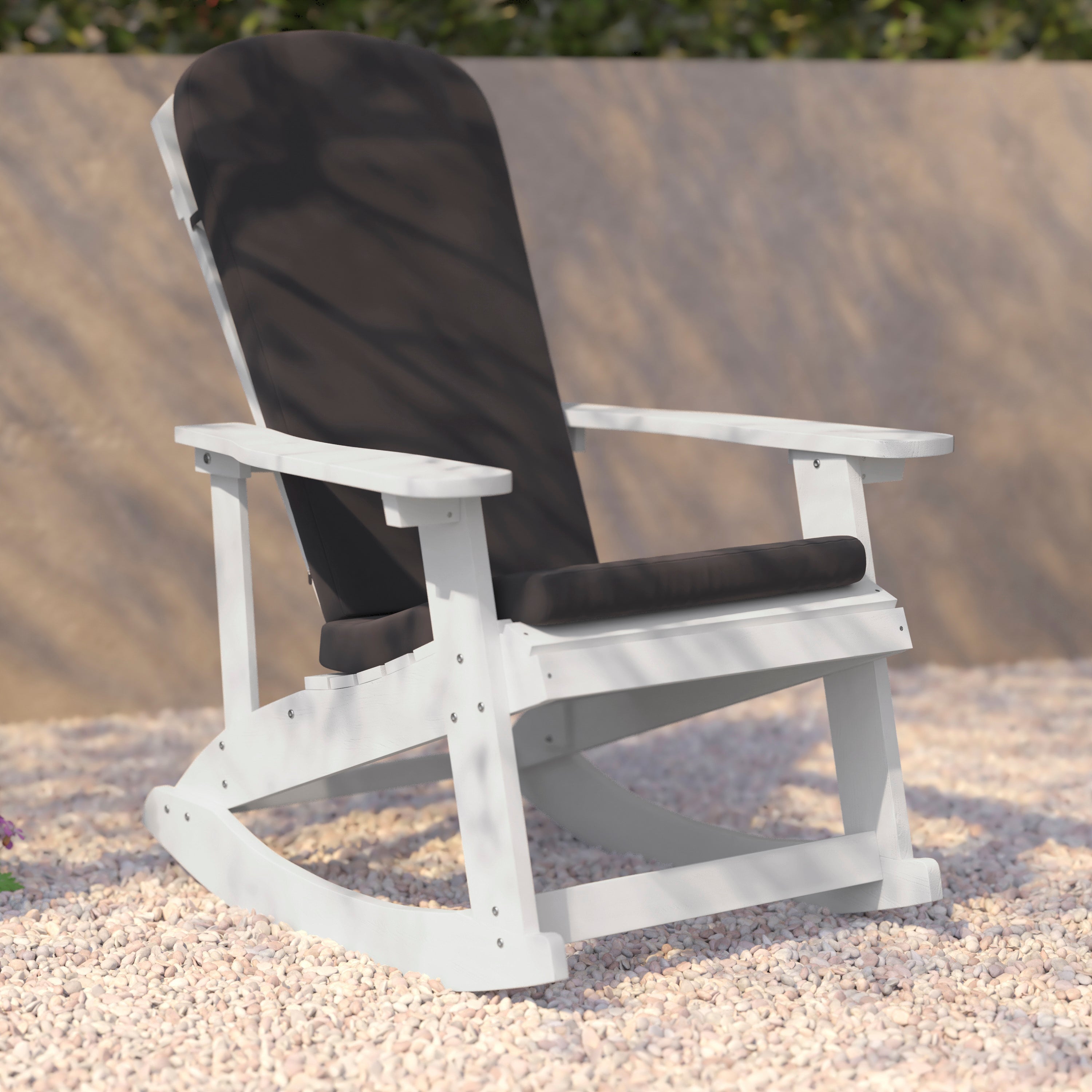 Savannah Set of 2 All-Weather Poly Resin Wood Adirondack Rocking Chairs in White with Gray Cushions for Deck, Porch, and Patio