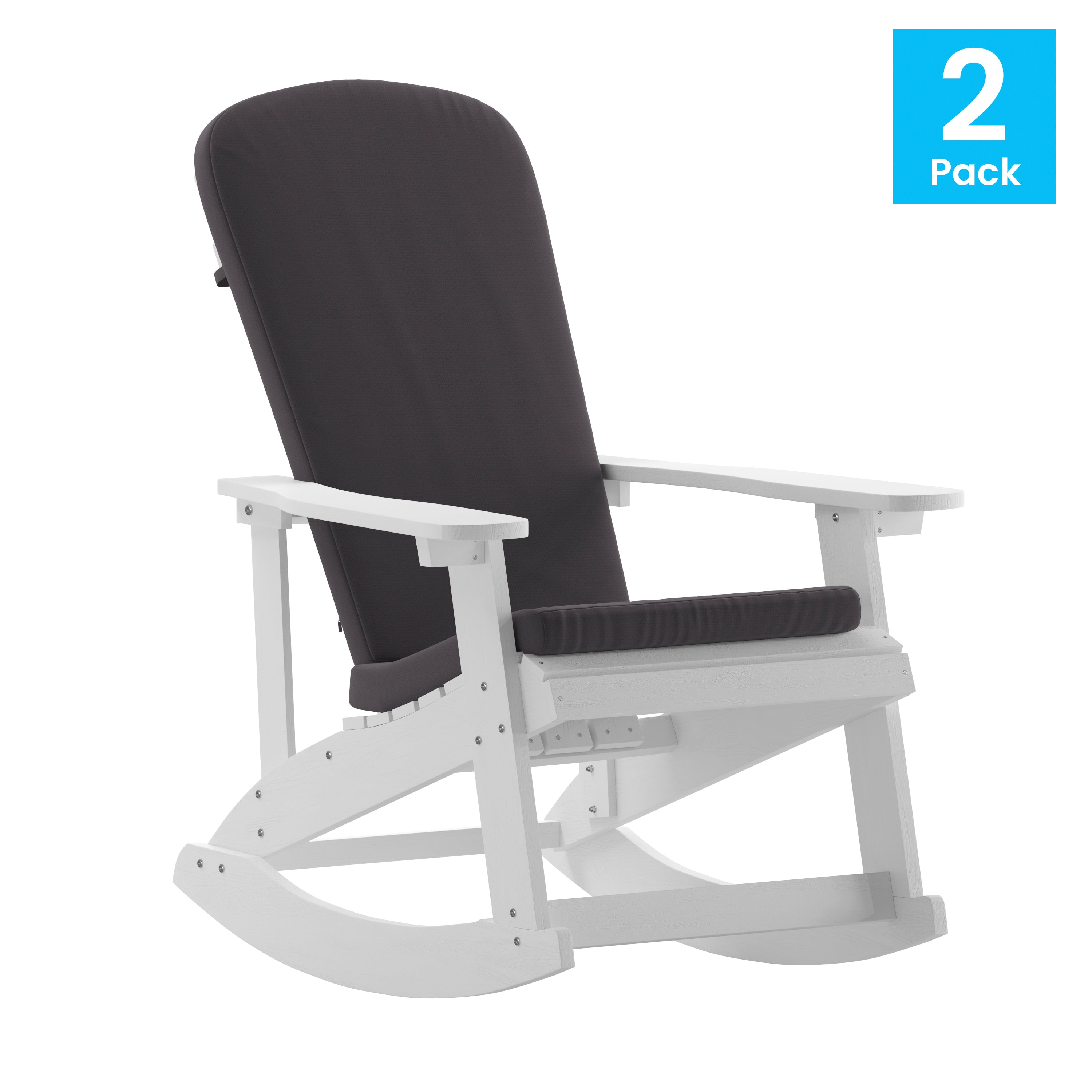 Savannah Set of 2 All-Weather Poly Resin Wood Adirondack Rocking Chairs in White with Gray Cushions for Deck, Porch, and Patio