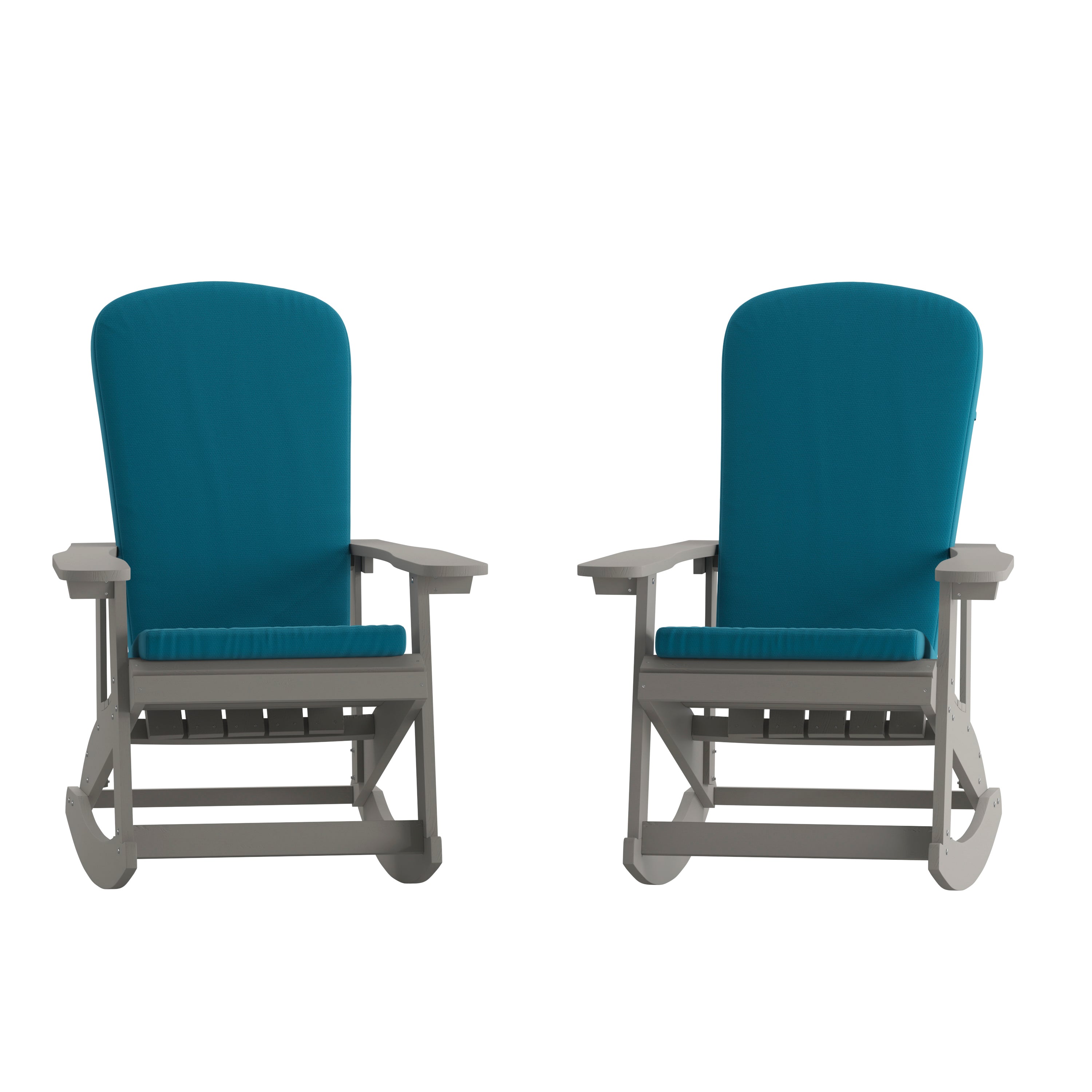Savannah Set of 2 All-Weather Poly Resin Wood Adirondack Rocking Chairs in Gray with Teal Cushions for Deck, Porch, and Patio