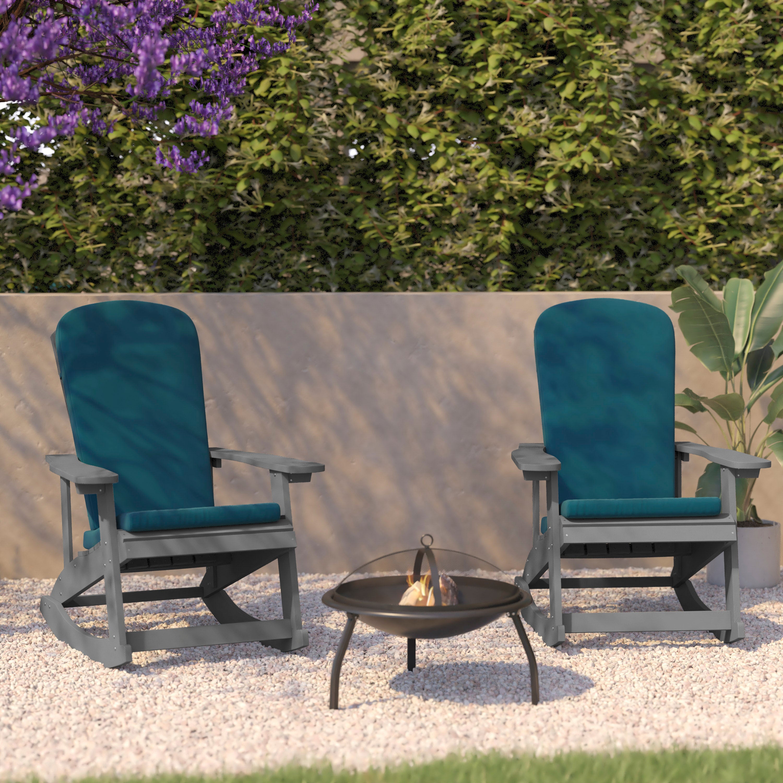 Savannah Set of 2 All-Weather Poly Resin Wood Adirondack Rocking Chairs in Gray with Teal Cushions for Deck, Porch, and Patio