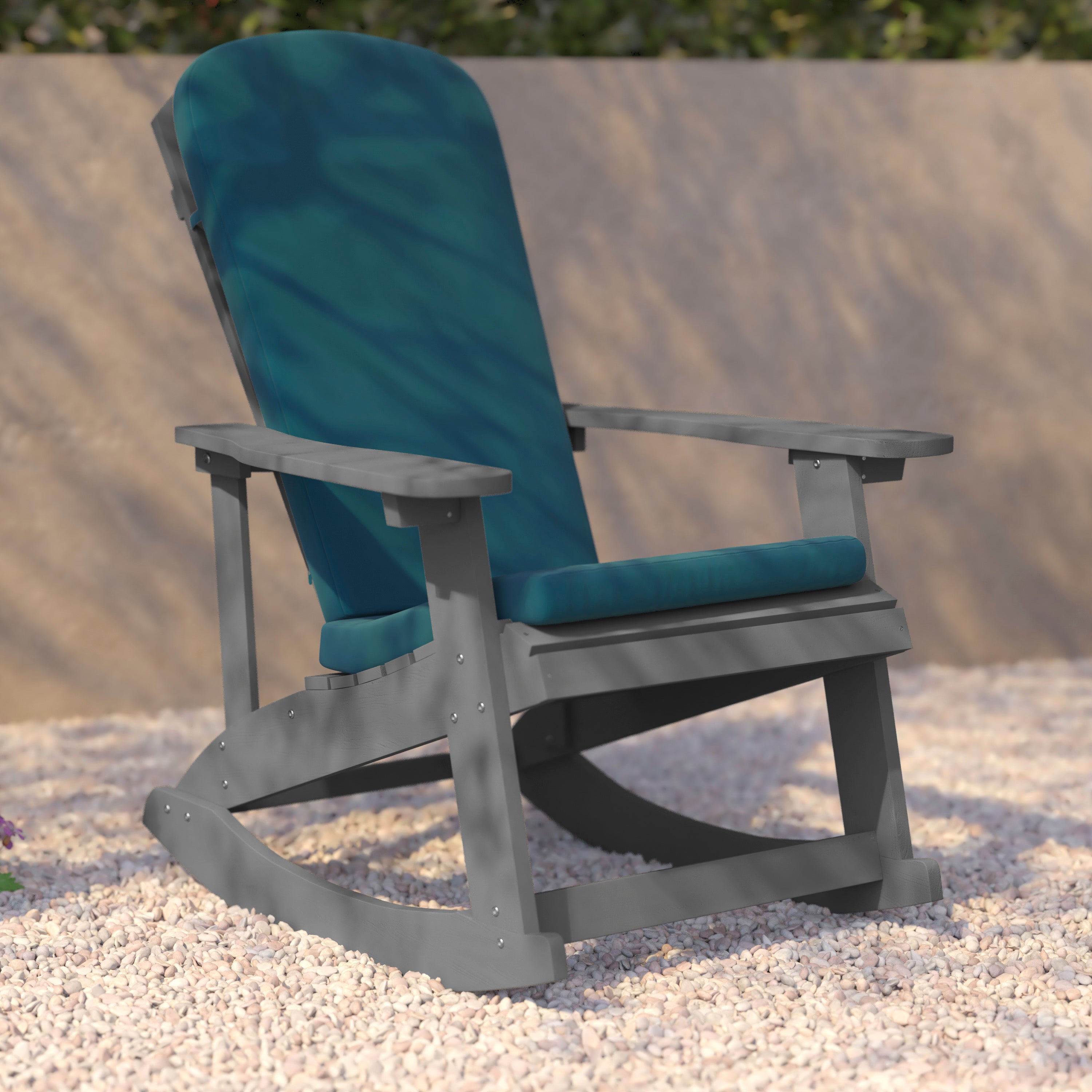 Savannah Set of 2 All-Weather Poly Resin Wood Adirondack Rocking Chairs in Gray with Teal Cushions for Deck, Porch, and Patio