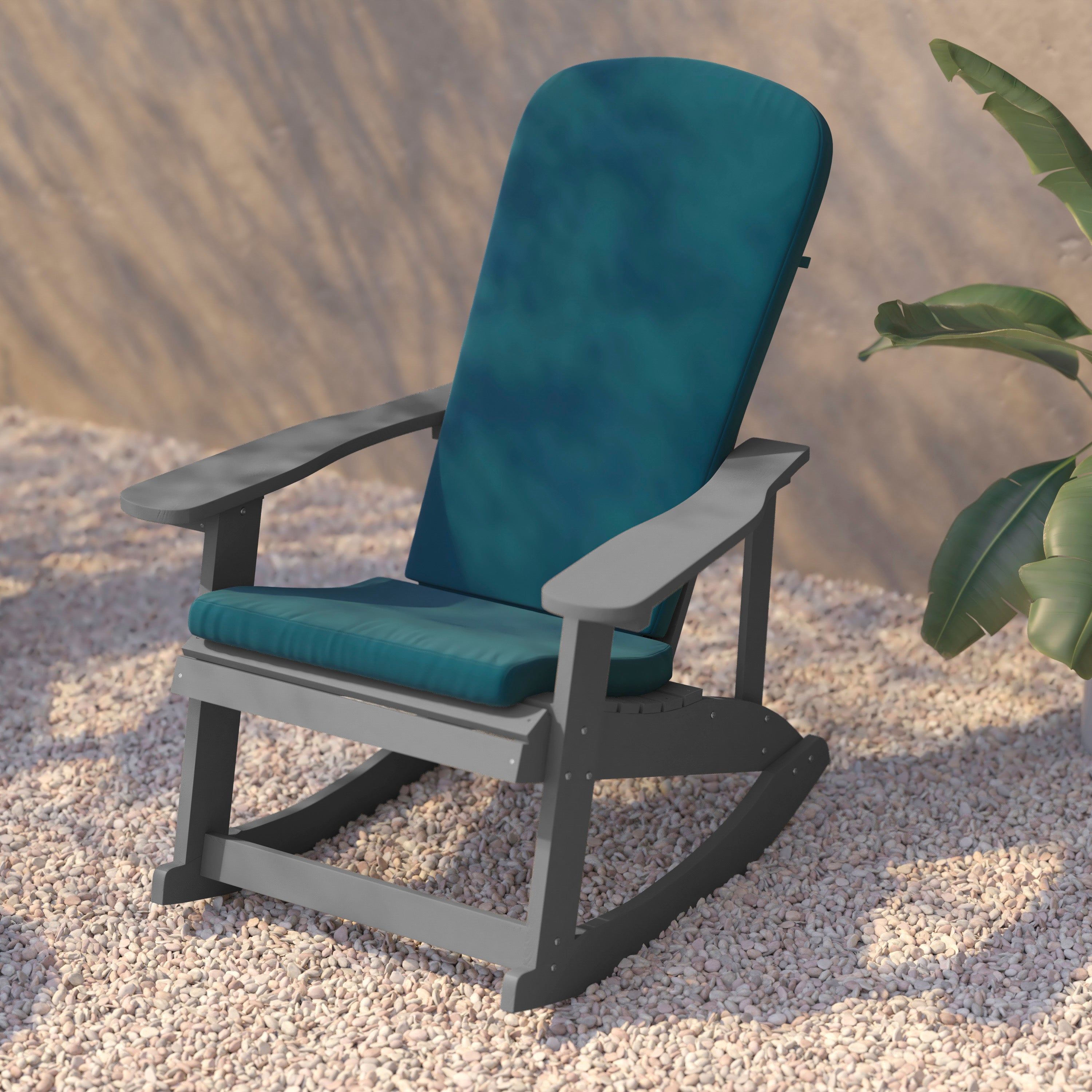 Savannah Set of 2 All-Weather Poly Resin Wood Adirondack Rocking Chairs in Gray with Teal Cushions for Deck, Porch, and Patio