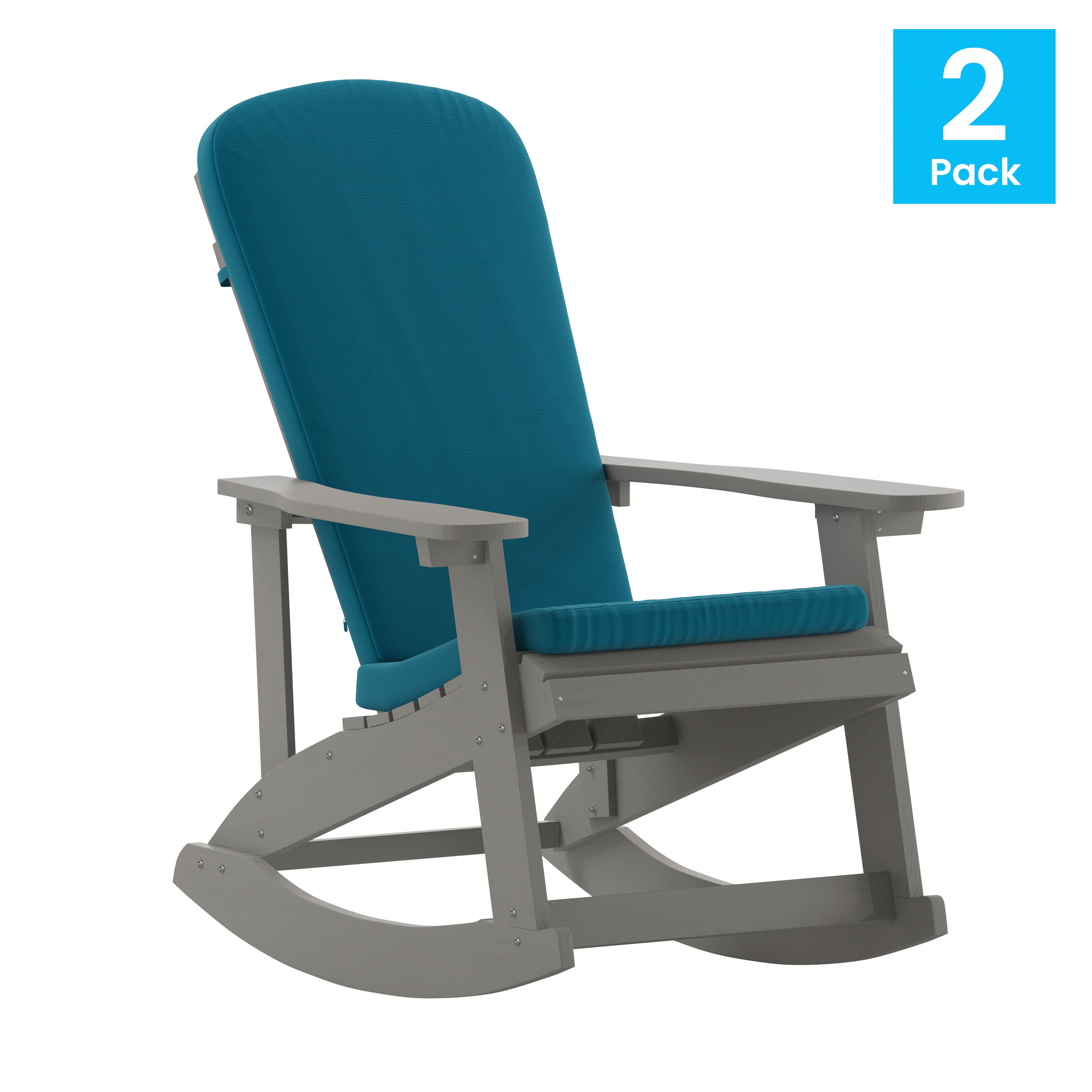 Savannah Set of 2 All-Weather Poly Resin Wood Adirondack Rocking Chairs in Gray with Teal Cushions for Deck, Porch, and Patio