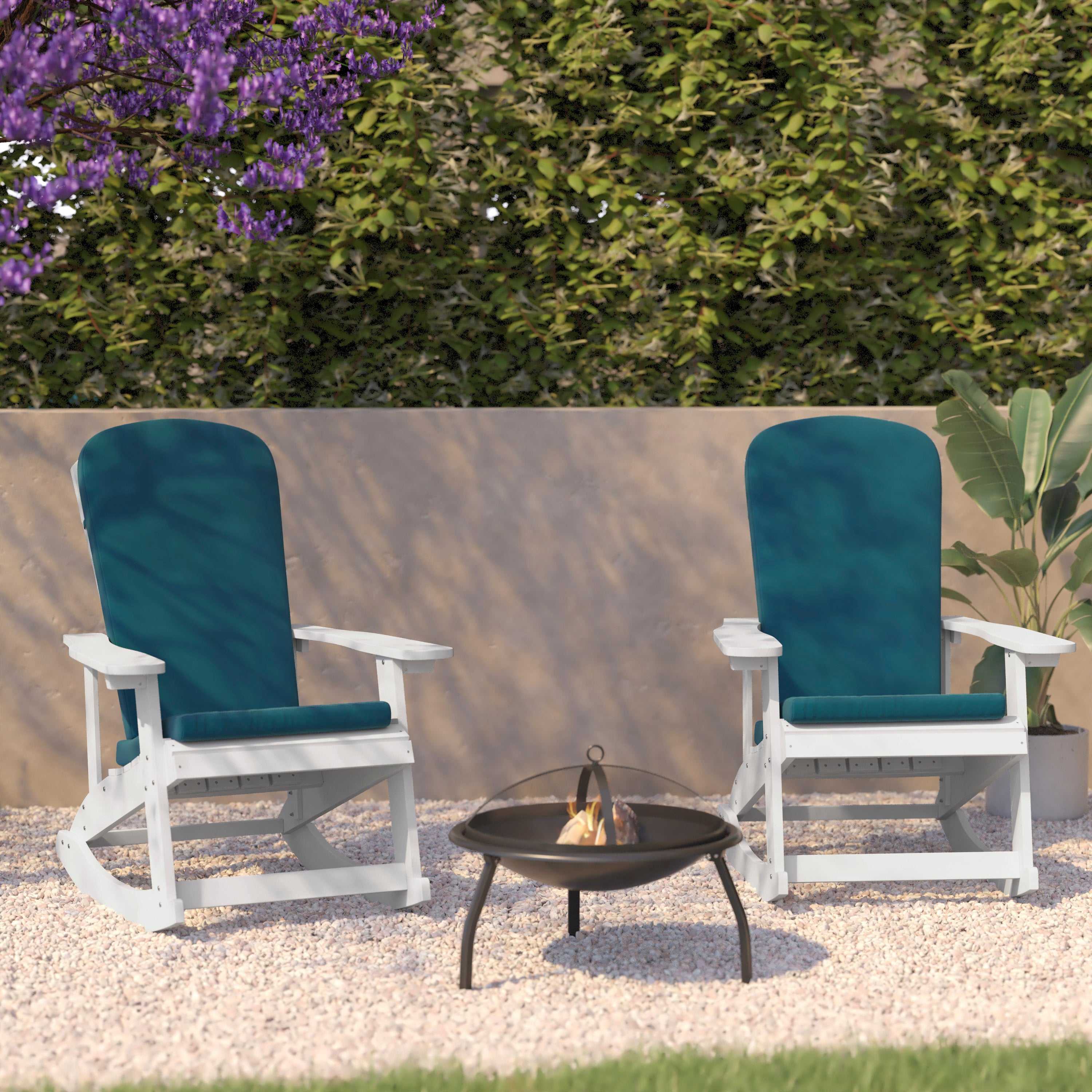 Savannah Set of 2 All-Weather Poly Resin Wood Adirondack Rocking Chairs in White with Teal Cushions for Deck, Porch, and Patio