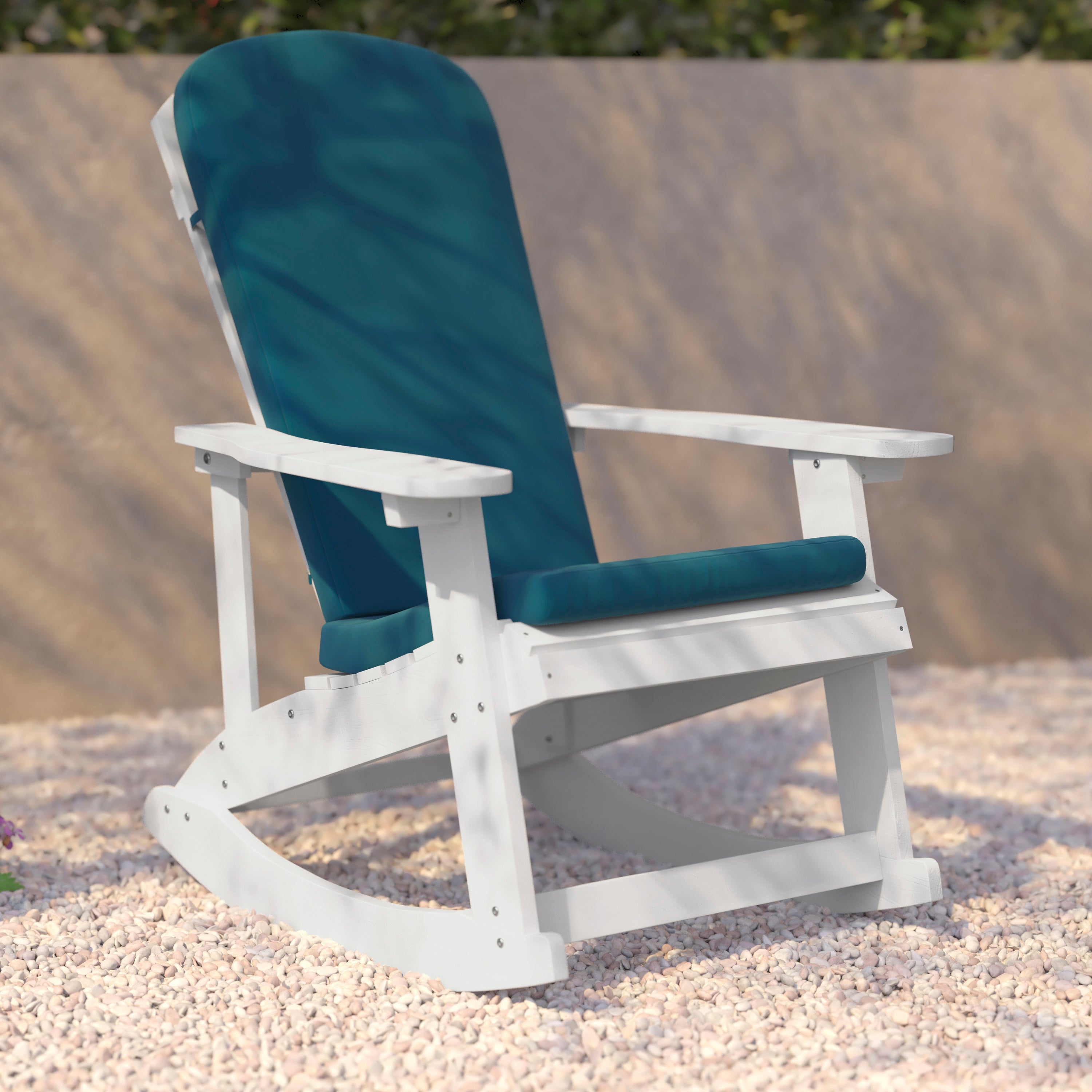 Savannah Set of 2 All-Weather Poly Resin Wood Adirondack Rocking Chairs in White with Teal Cushions for Deck, Porch, and Patio