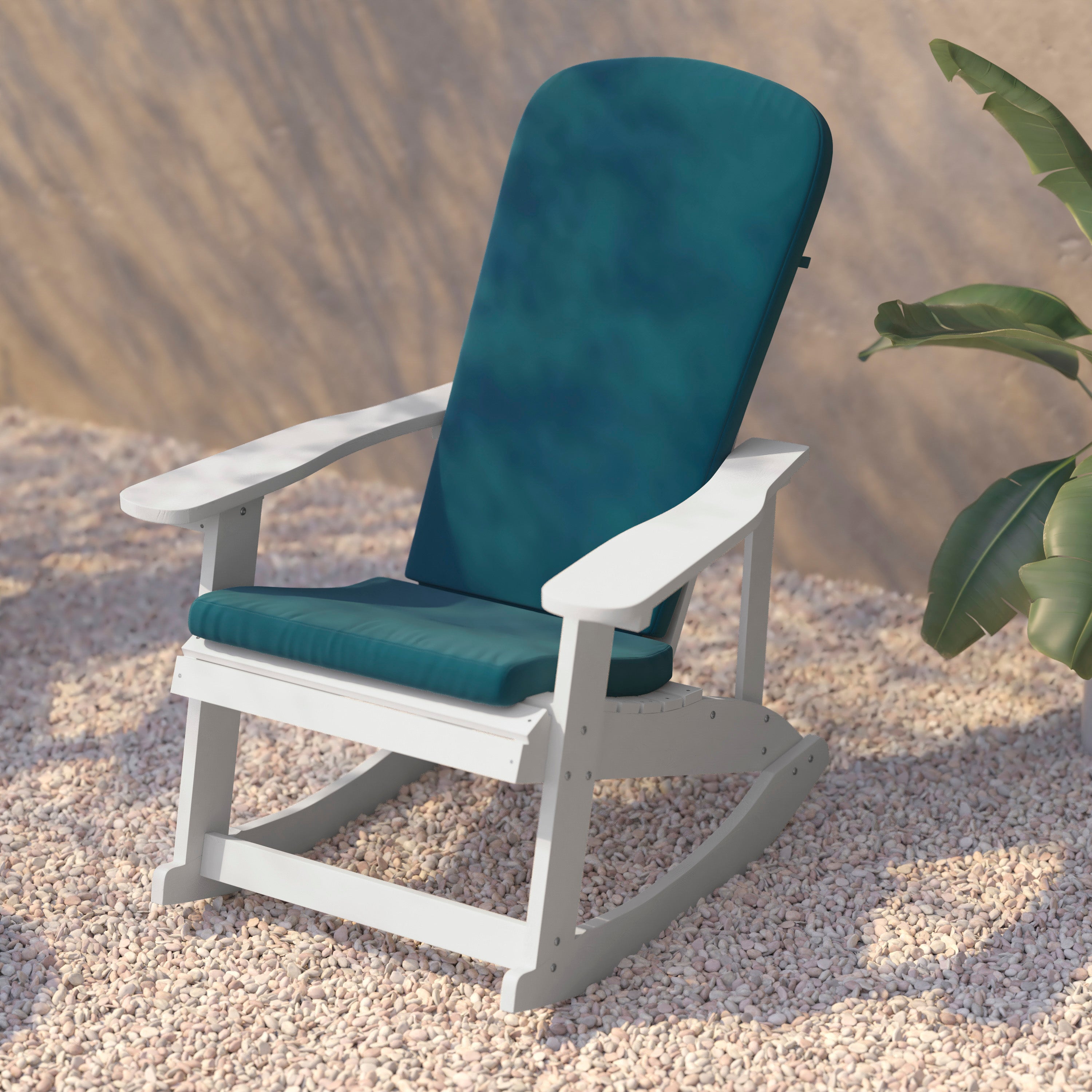 Savannah Set of 2 All-Weather Poly Resin Wood Adirondack Rocking Chairs in White with Teal Cushions for Deck, Porch, and Patio
