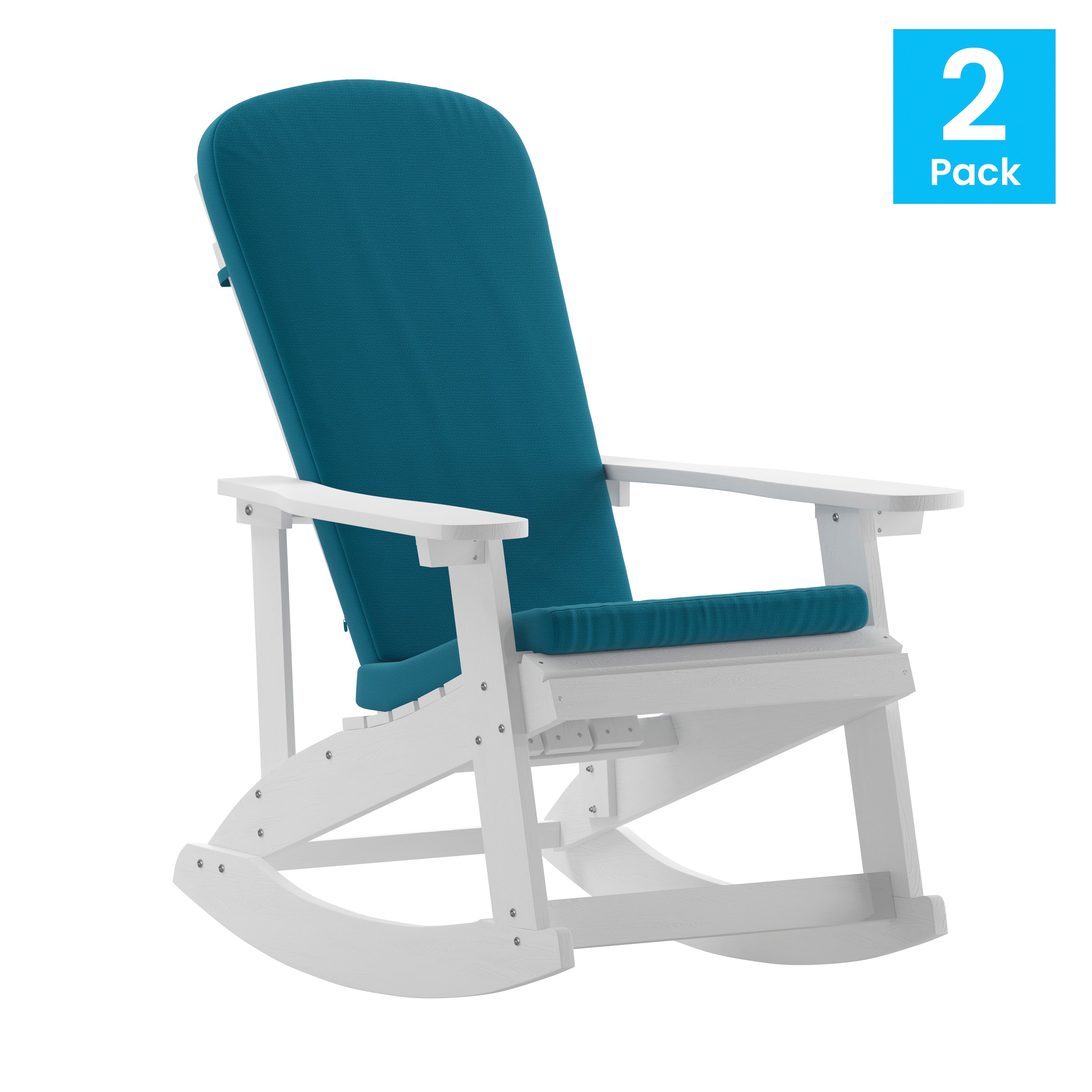 Savannah Set of 2 All-Weather Poly Resin Wood Adirondack Rocking Chairs in White with Teal Cushions for Deck, Porch, and Patio
