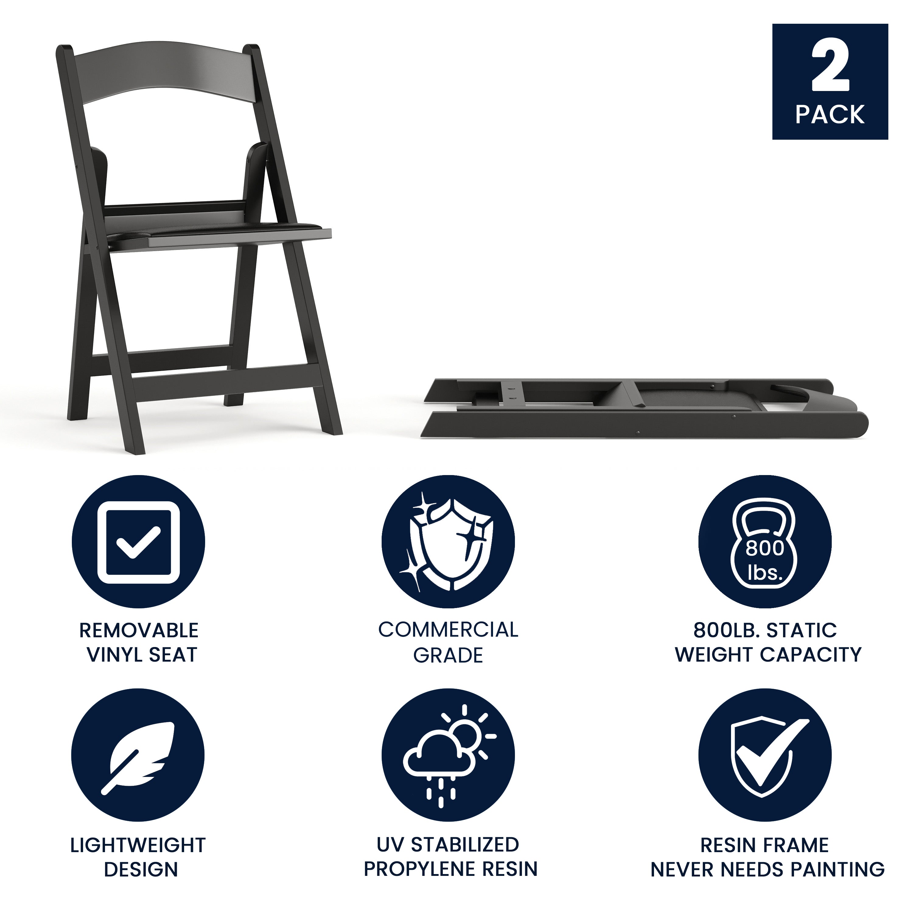 Hercules Folding Chair - Black Resin - 2 Pack 800LB Weight Capacity Comfortable Event Chair - Light Weight Folding Chair