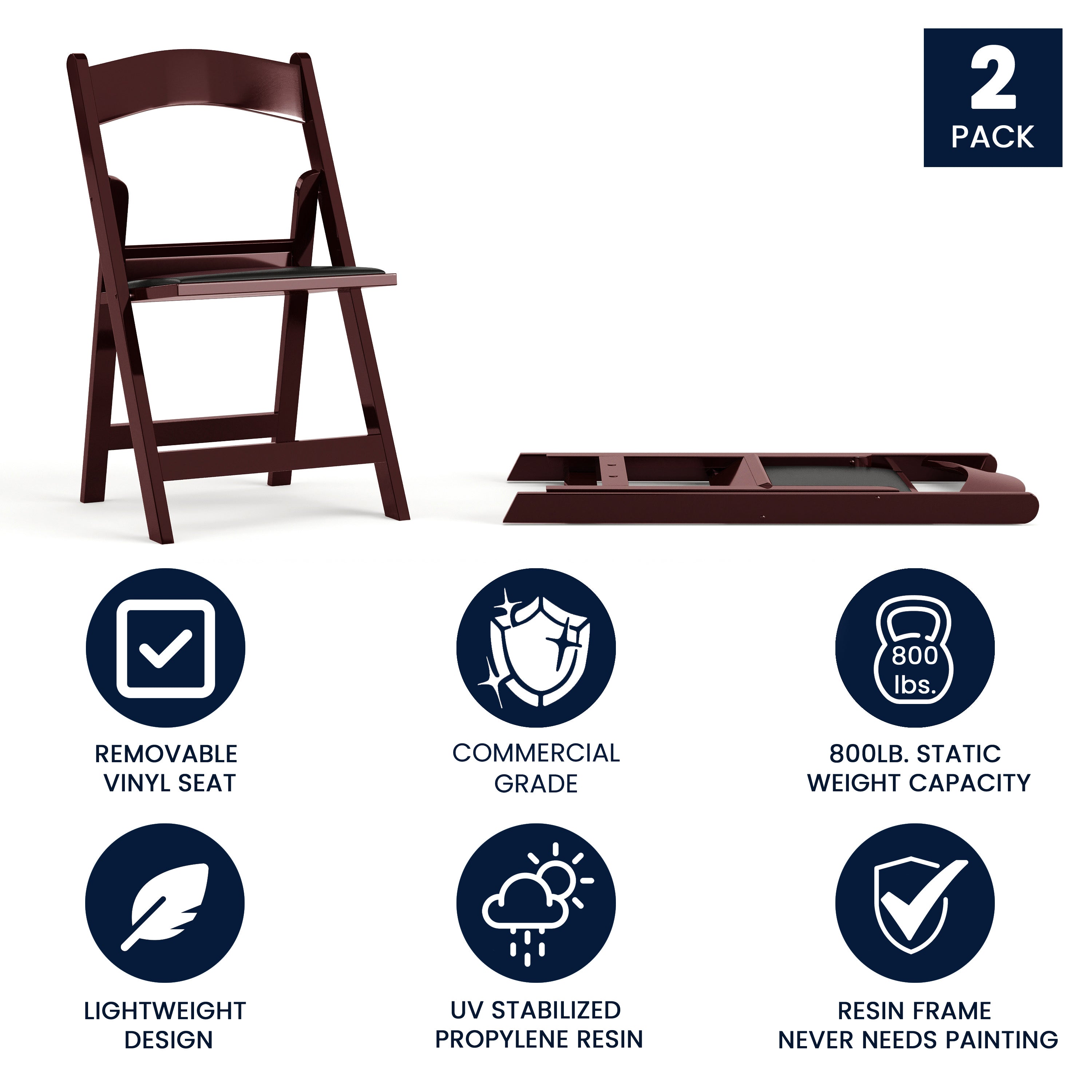 Hercules Folding Chair - Red Mahogany Resin - 2 Pack 800LB Weight Capacity Comfortable Event Chair - Light Weight Folding Chair