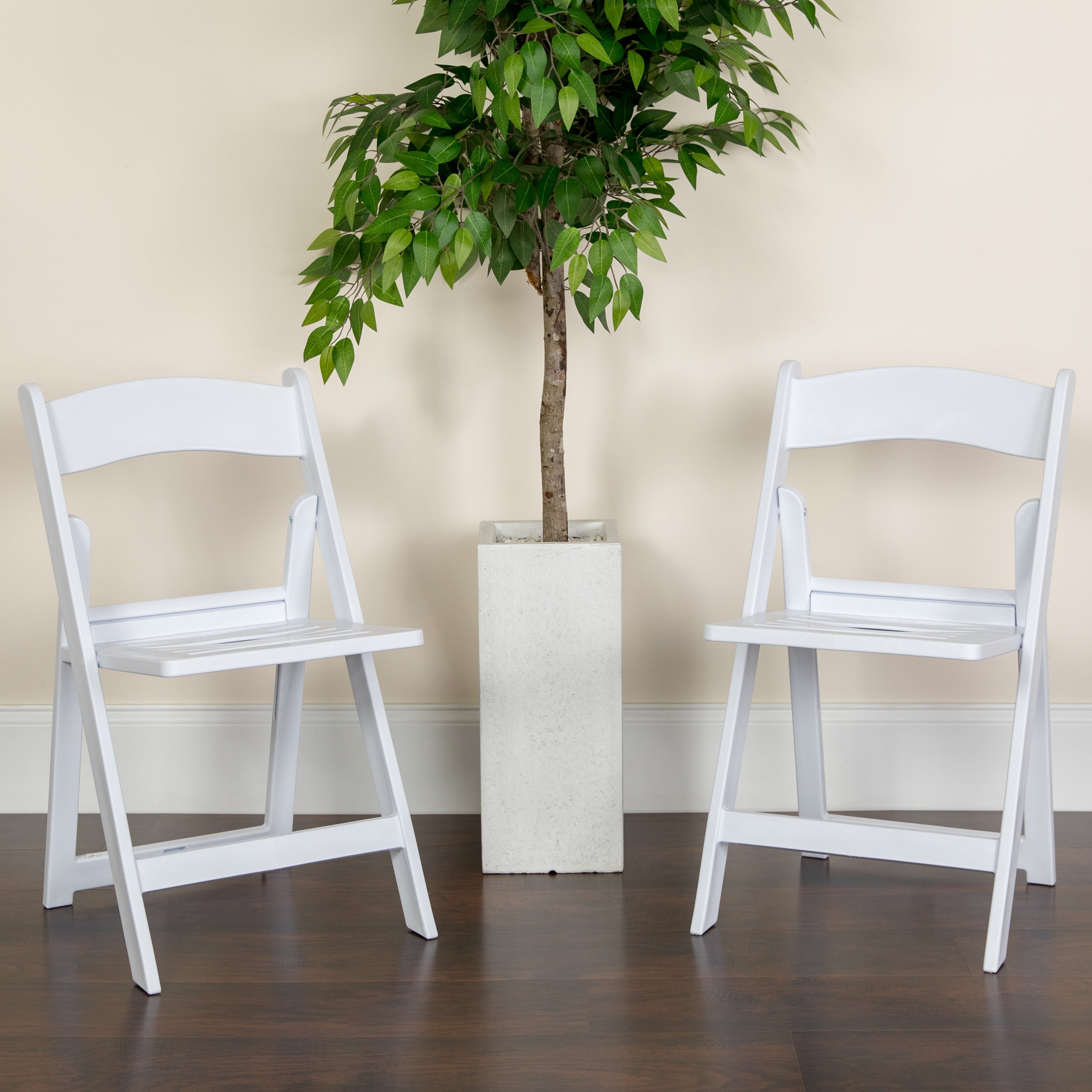 2 Pack HERCULES Series 800 lb. Capacity White Resin Folding Chair with Slatted Seat