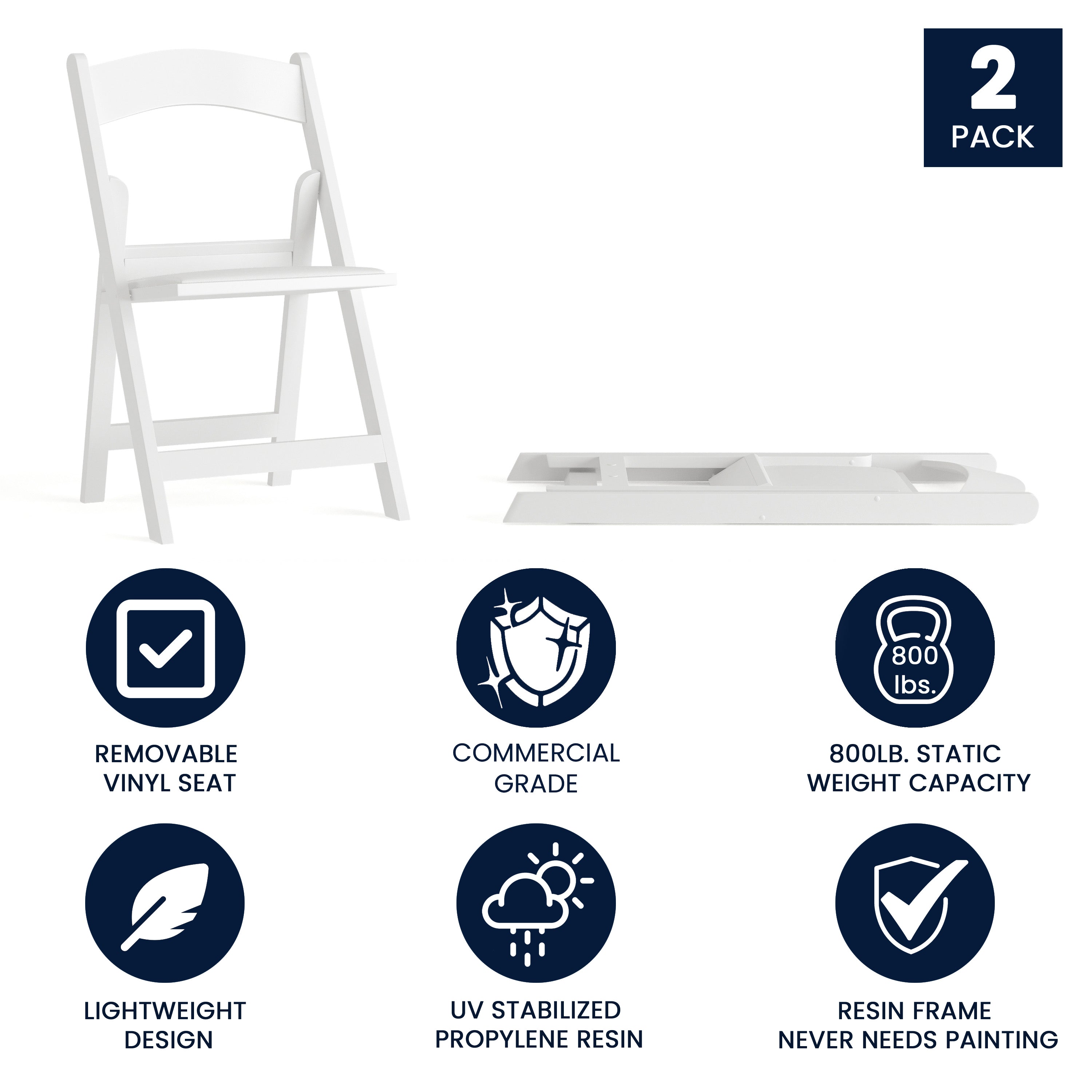 Hercules Folding Chair - White Resin - 2 Pack 800LB Weight Capacity Comfortable Event Chair - Light Weight Folding Chair