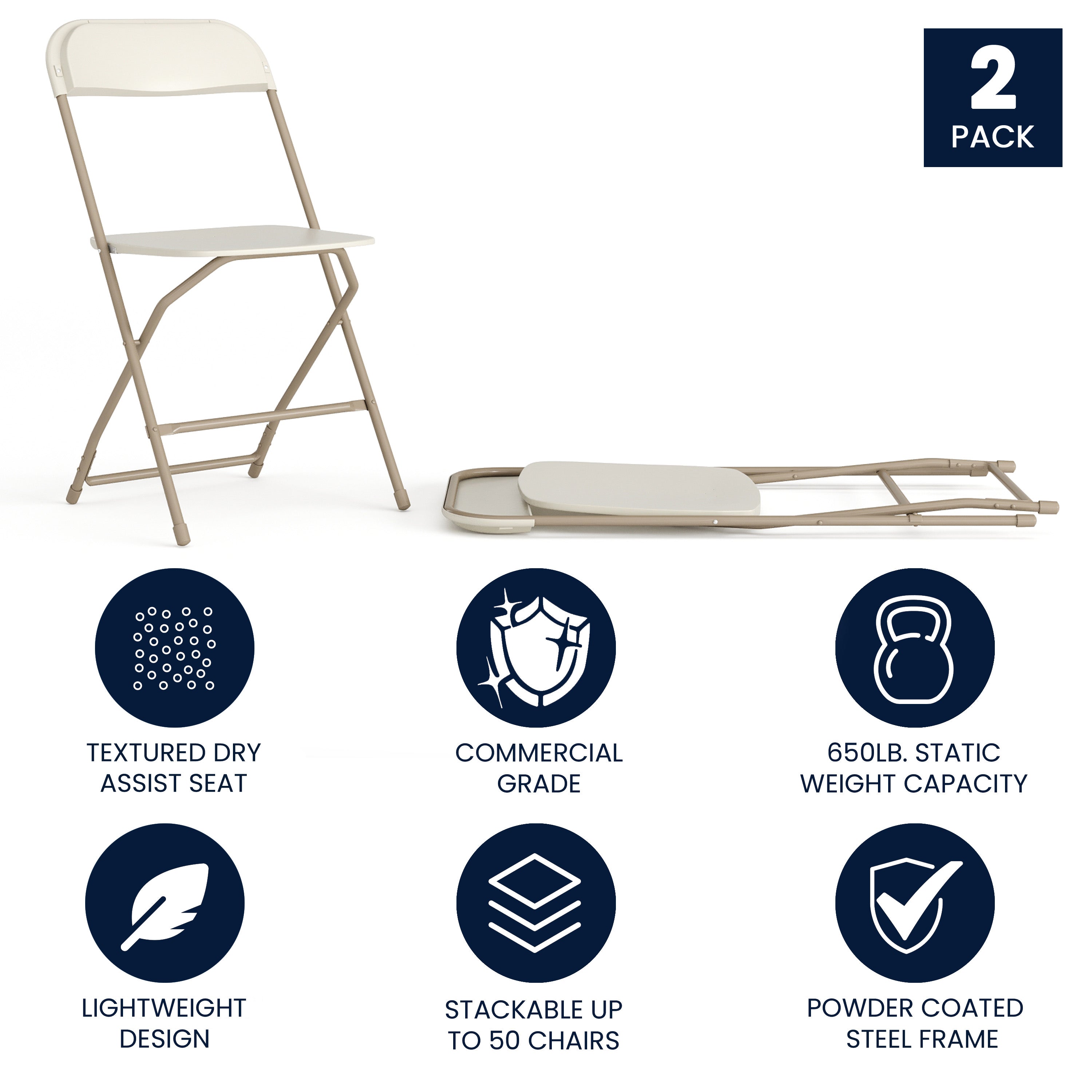 Hercules Series Plastic Folding Chair Beige - 2 Pack 650LB Weight Capacity Comfortable Event Chair-Lightweight Folding Chair