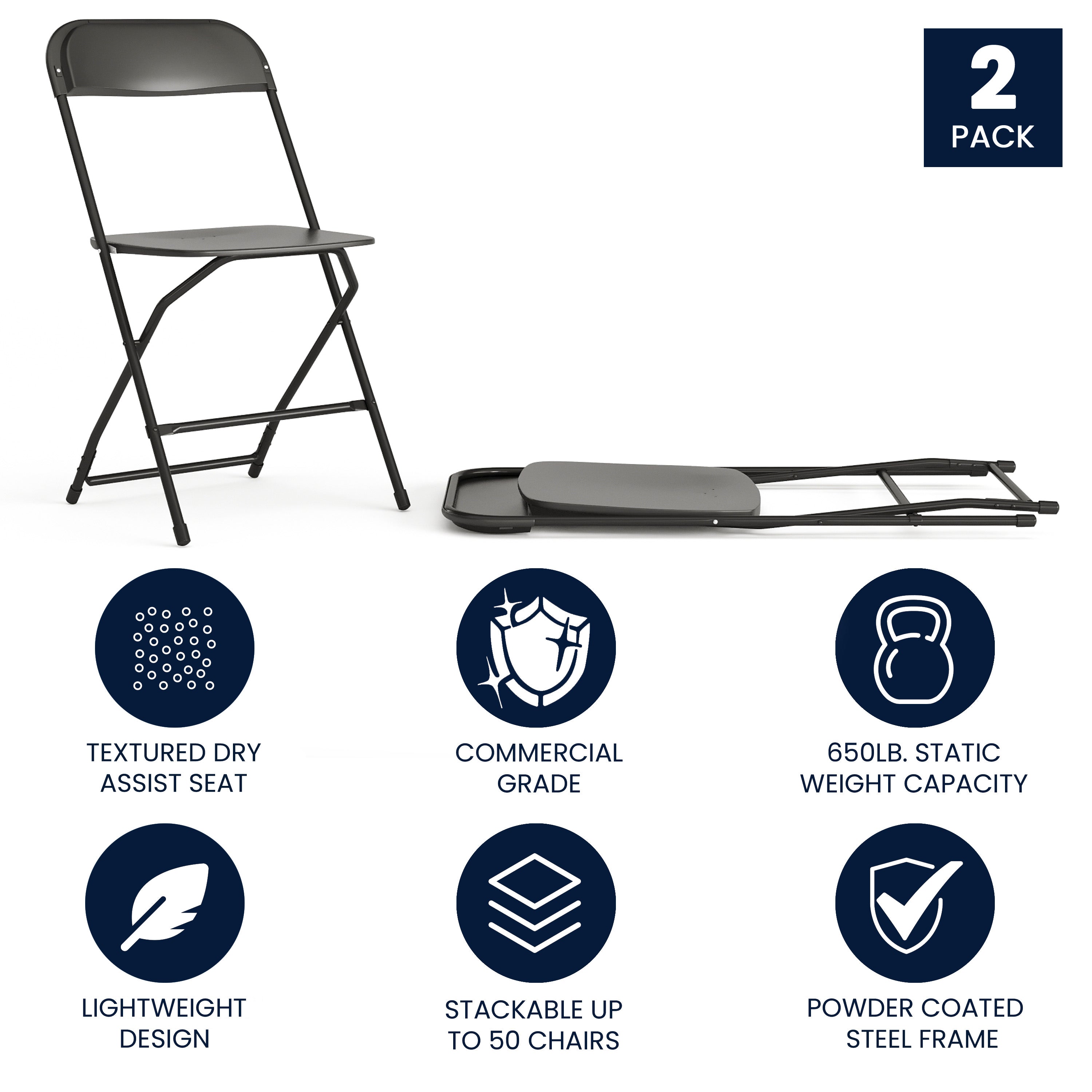 Hercules Series Plastic Folding Chair Black - 2 Pack 650LB Weight Capacity Comfortable Event Chair-Lightweight Folding Chair