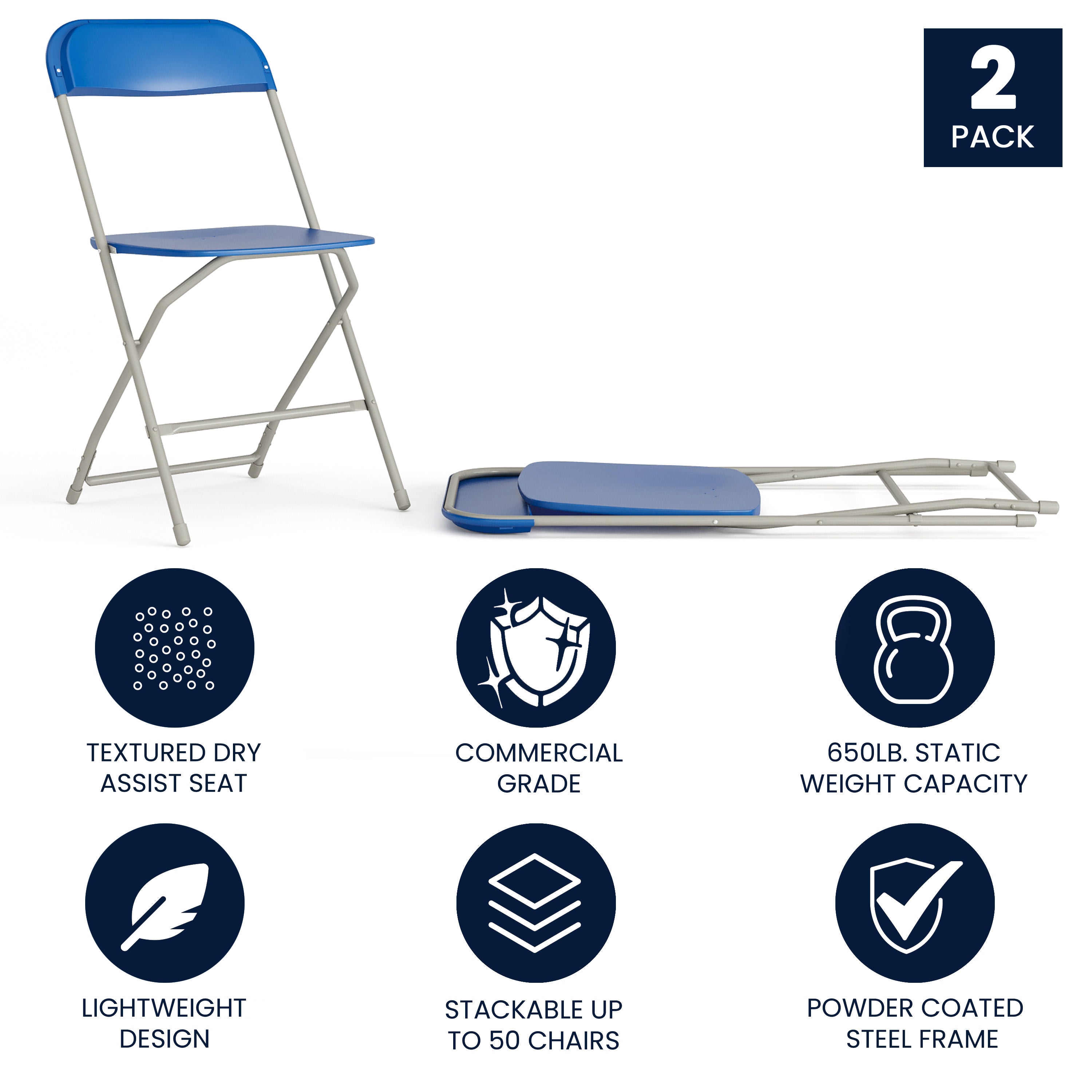 Hercules Series Plastic Folding Chair Blue - 2 Pack 650LB Weight Capacity Comfortable Event Chair-Lightweight Folding Chair