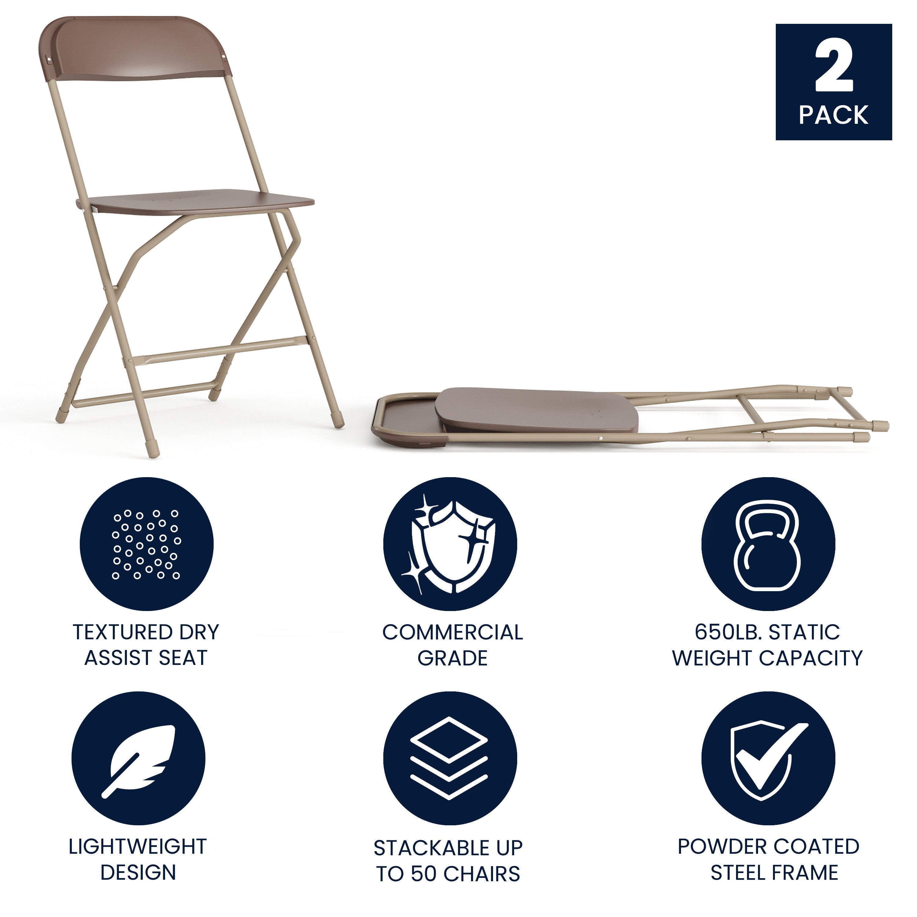 Hercules Series Plastic Folding Chair Brown - 2 Pack 650LB Weight Capacity Comfortable Event Chair-Lightweight Folding Chair