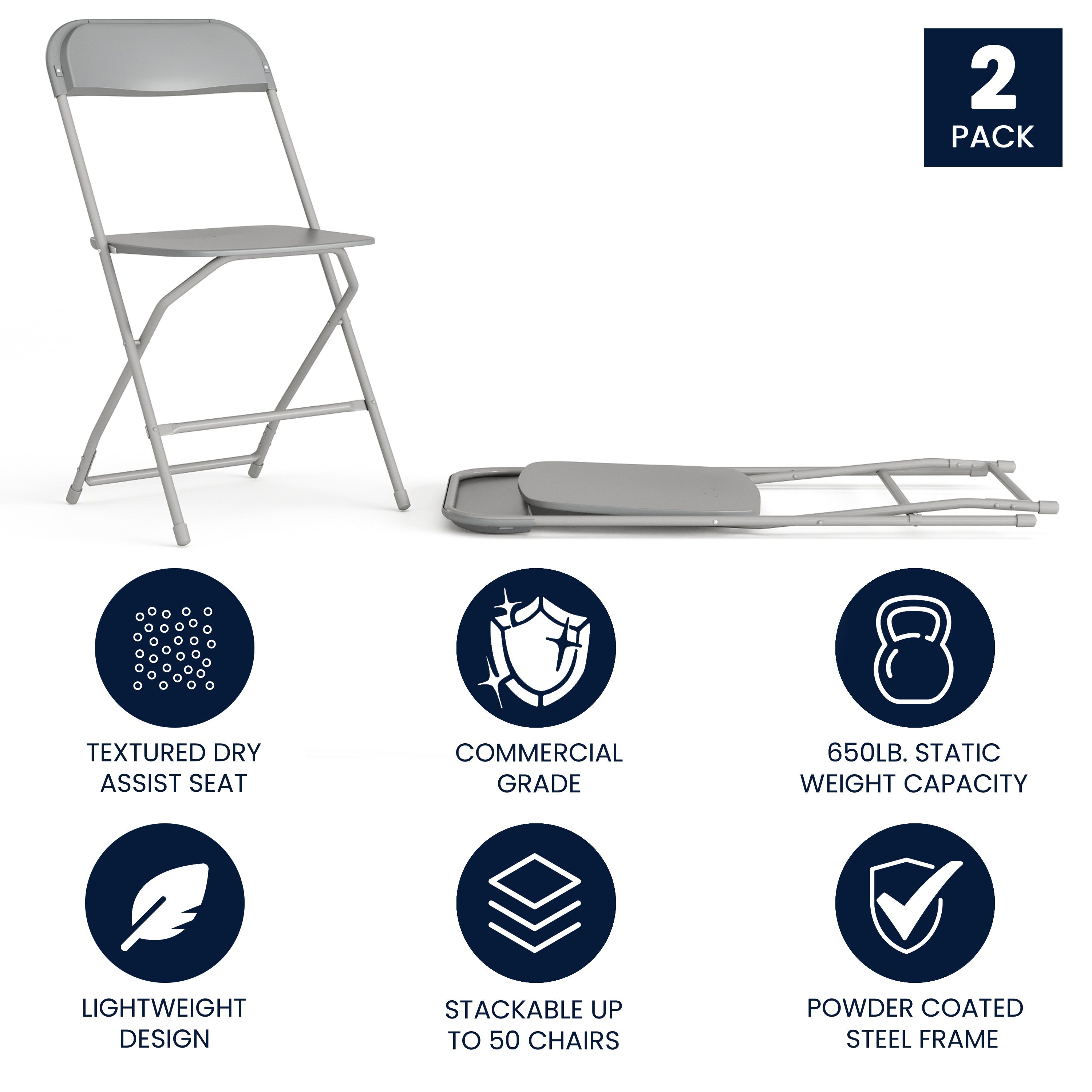 Hercules Series Plastic Folding Chair Grey - 2 Pack 650LB Weight Capacity Comfortable Event Chair-Lightweight Folding Chair