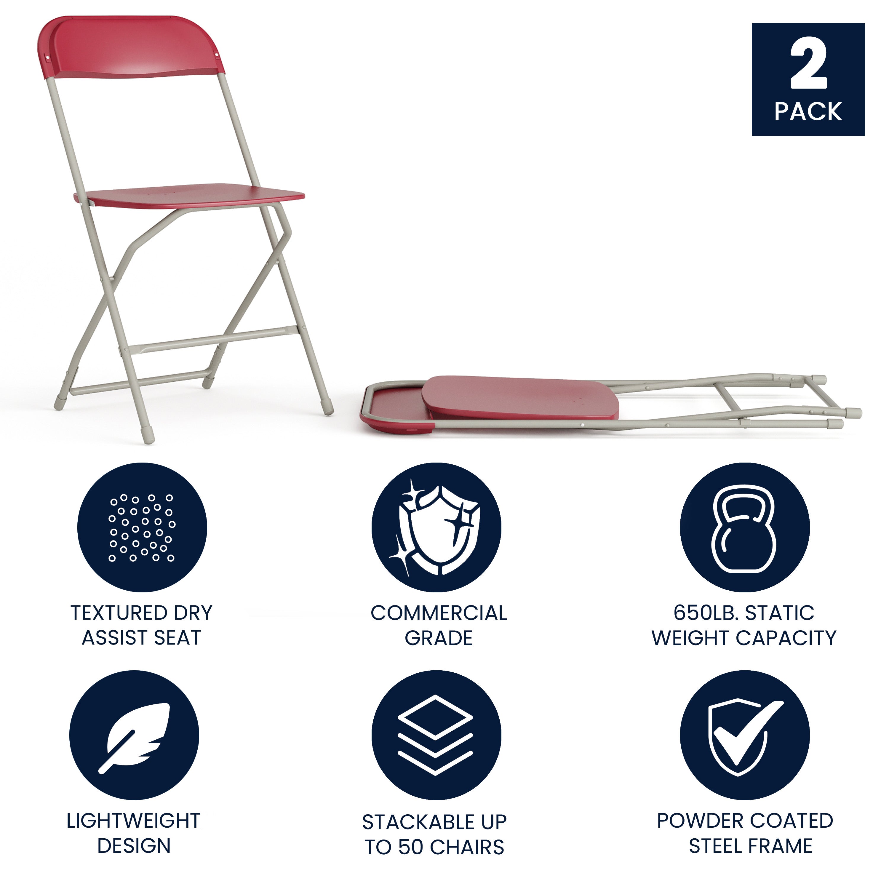 Hercules Series Plastic Folding Chair Red - 2 Pack 650LB Weight Capacity Comfortable Event Chair - Lightweight Folding Chair