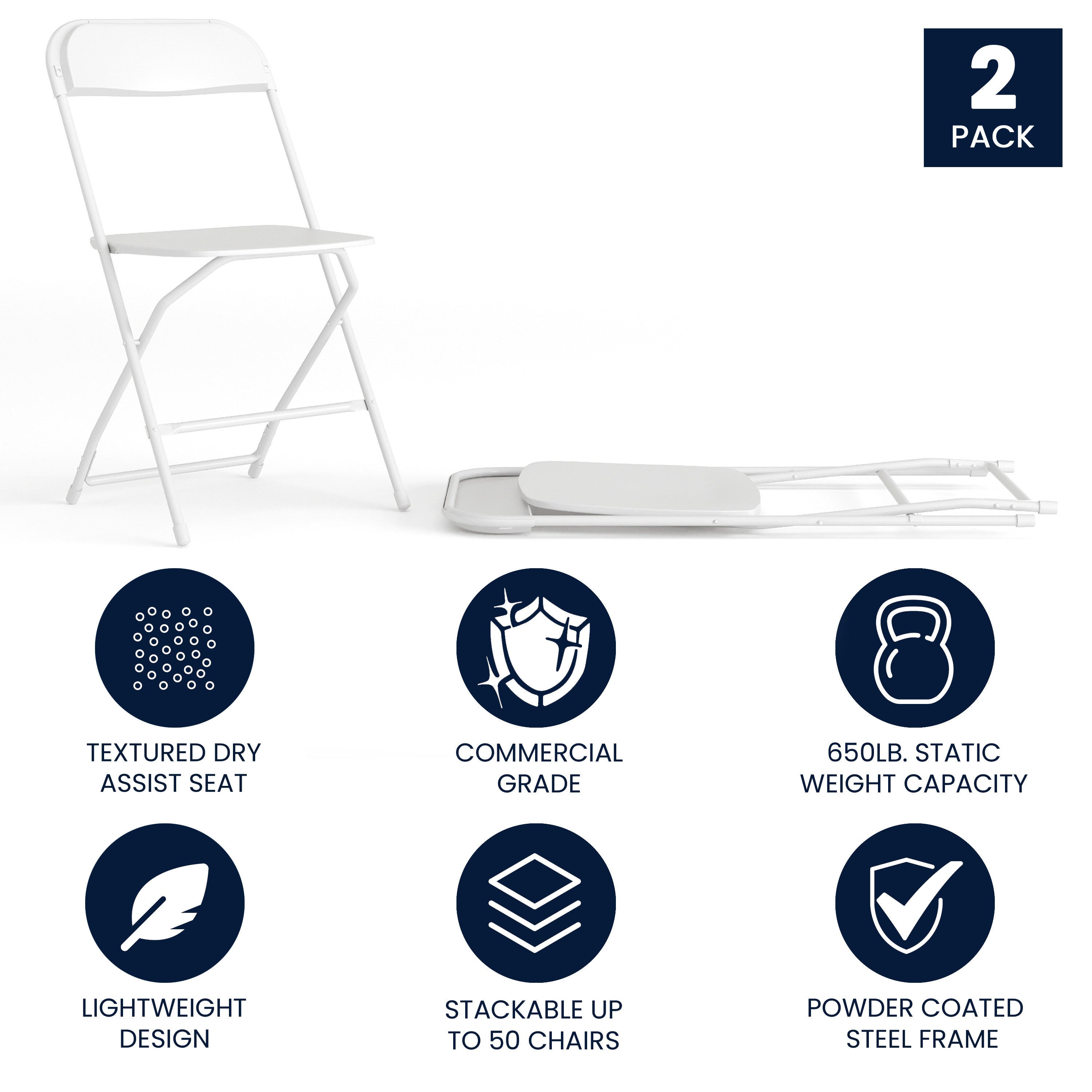 Hercules Series Plastic Folding Chair White - 2 Pack 650LB Weight Capacity Comfortable Event Chair-Lightweight Folding Chair