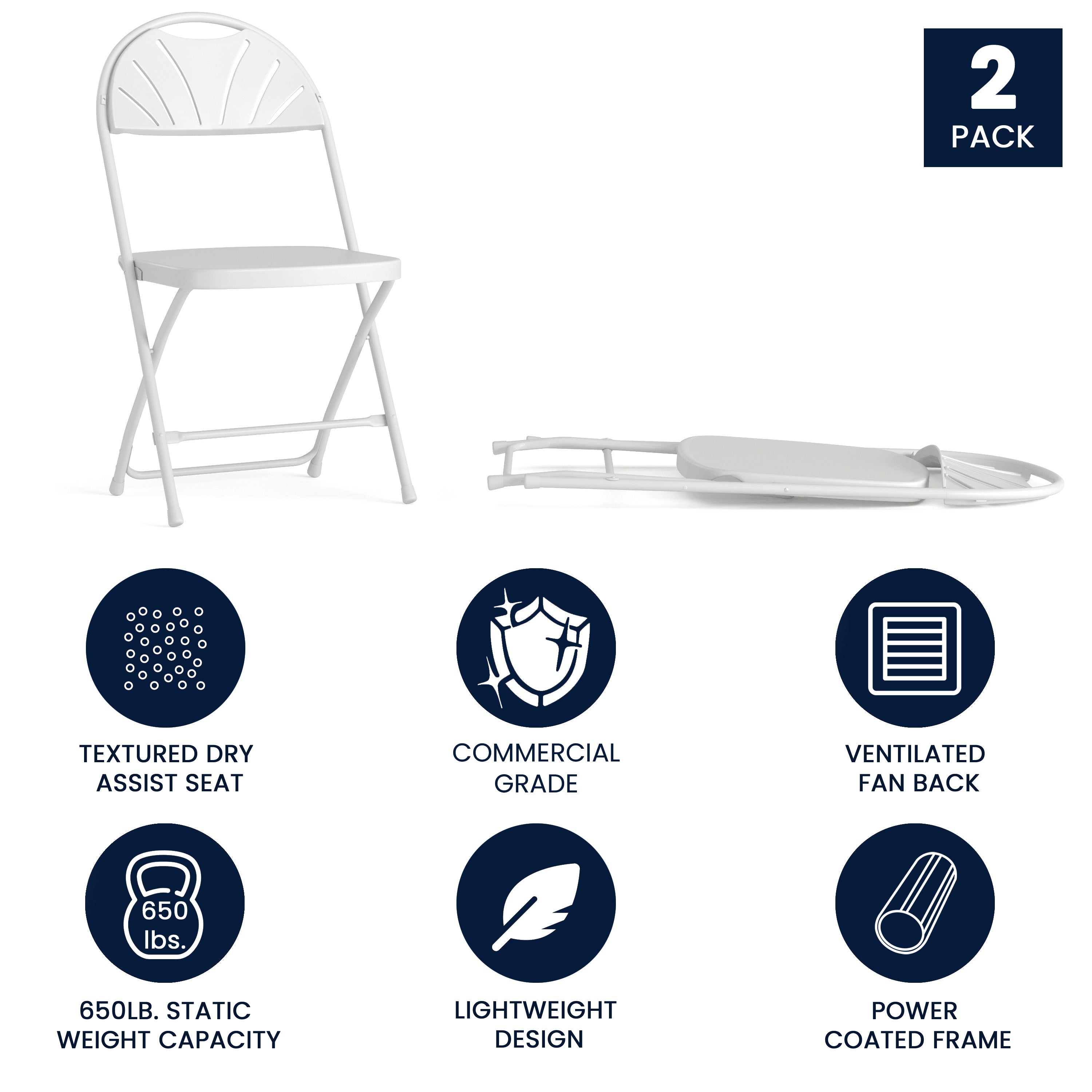 2 Pack HERCULES Series 650 lb. Capacity White Plastic Fan Back Folding Chair