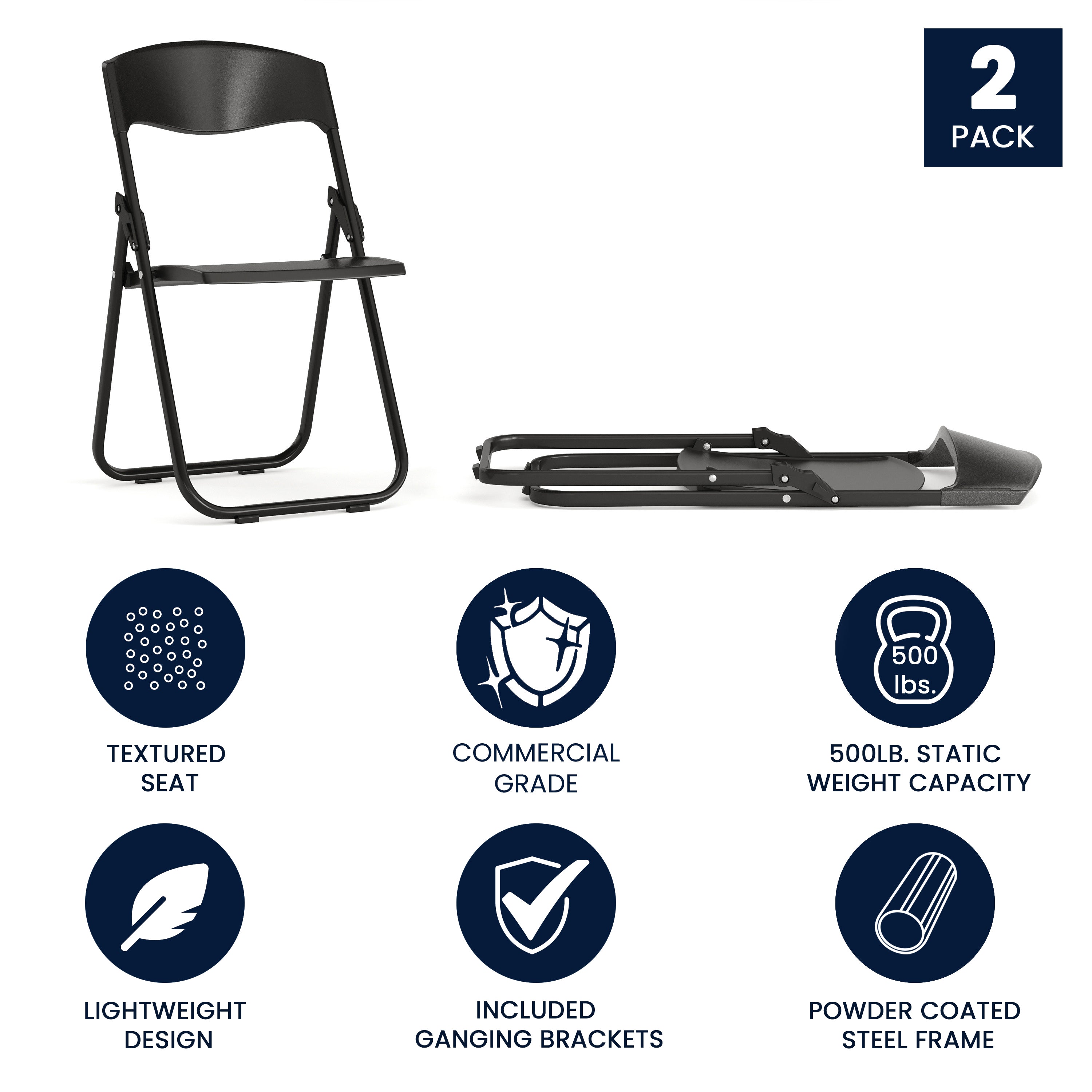 2 Pack HERCULES Series 500 lb. Capacity Heavy Duty Black Plastic Folding Chair with Built-in Ganging Brackets