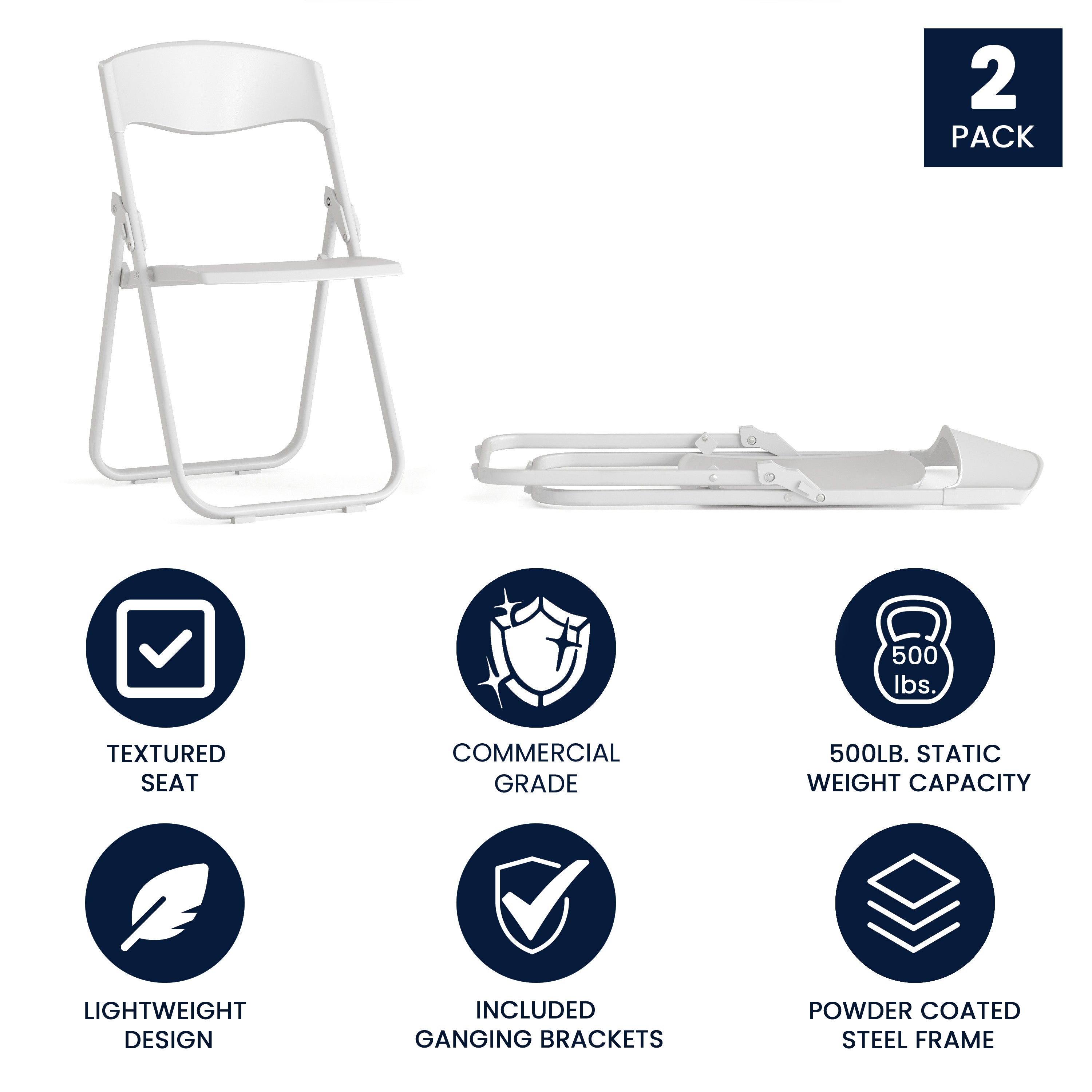 2 Pack HERCULES Series 500 lb. Capacity Heavy Duty White Plastic Folding Chair with Built-in Ganging Brackets