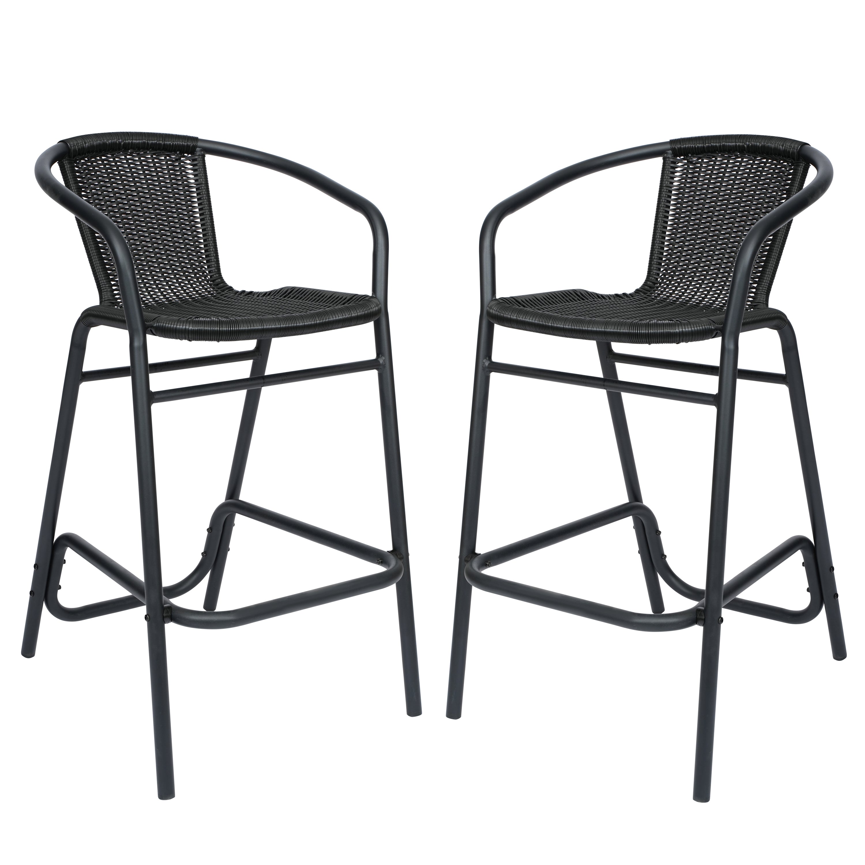 Lila Set of 2 Commercial Grade Indoor-Outdoor PE Rattan Restaurant Barstool with Black Aluminum Frame and Footrest in Black