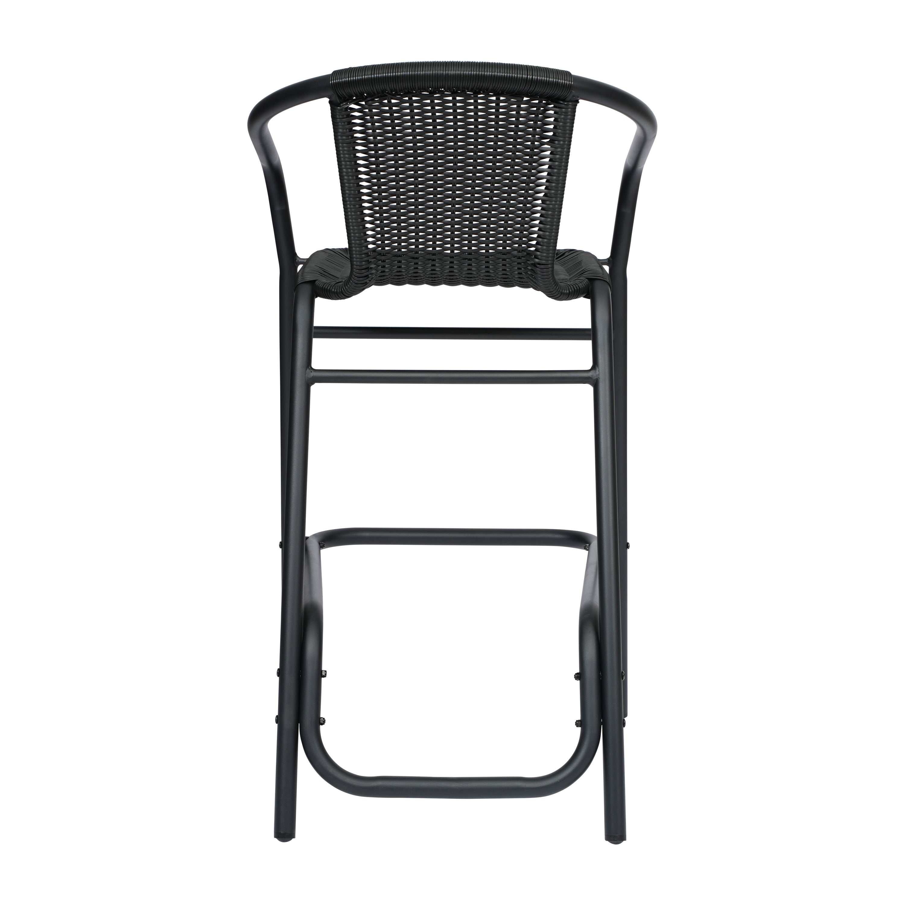 Lila Set of 2 Commercial Grade Indoor-Outdoor PE Rattan Restaurant Barstool with Black Aluminum Frame and Footrest in Black