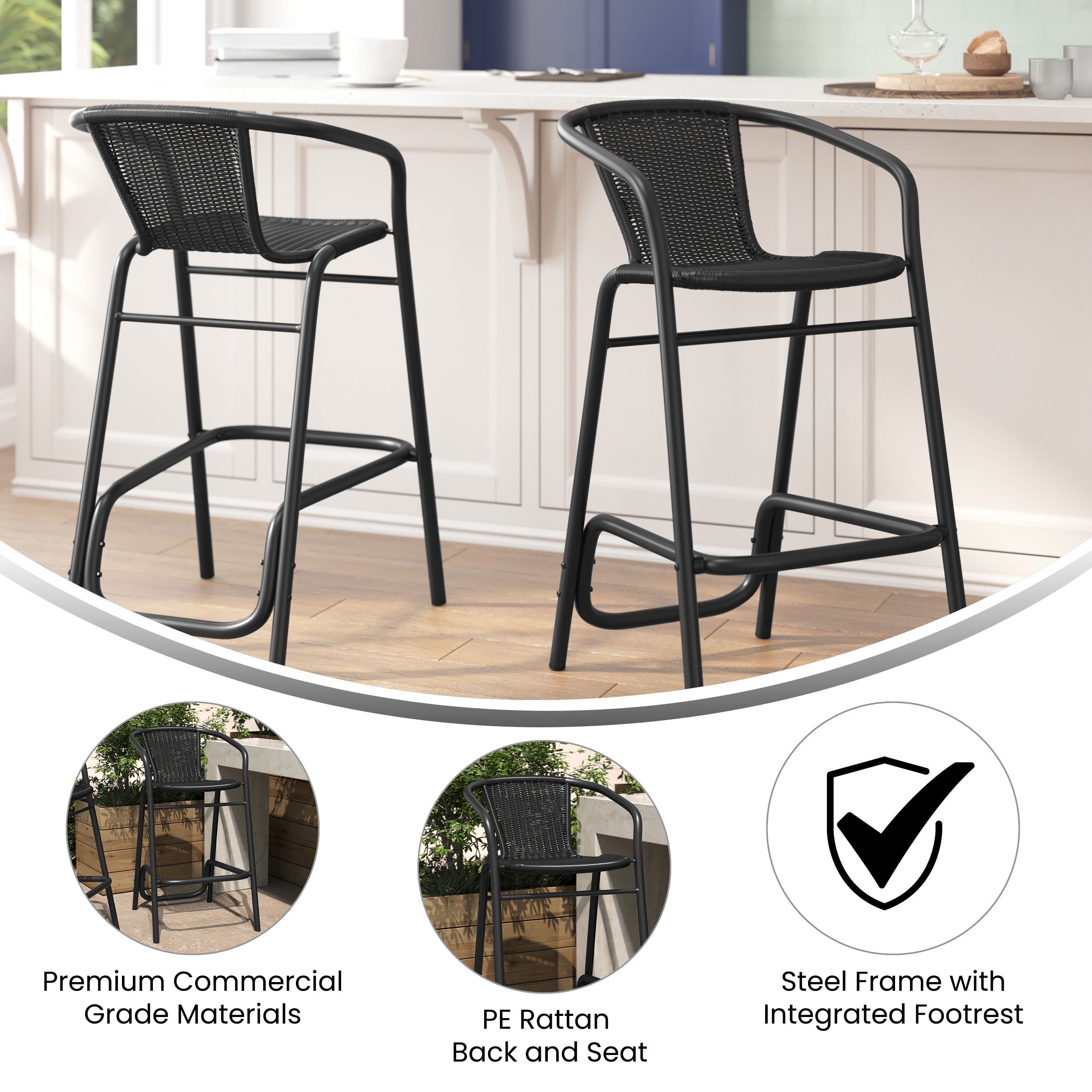 Lila Set of 2 Commercial Grade Indoor-Outdoor PE Rattan Restaurant Barstool with Black Aluminum Frame and Footrest in Black