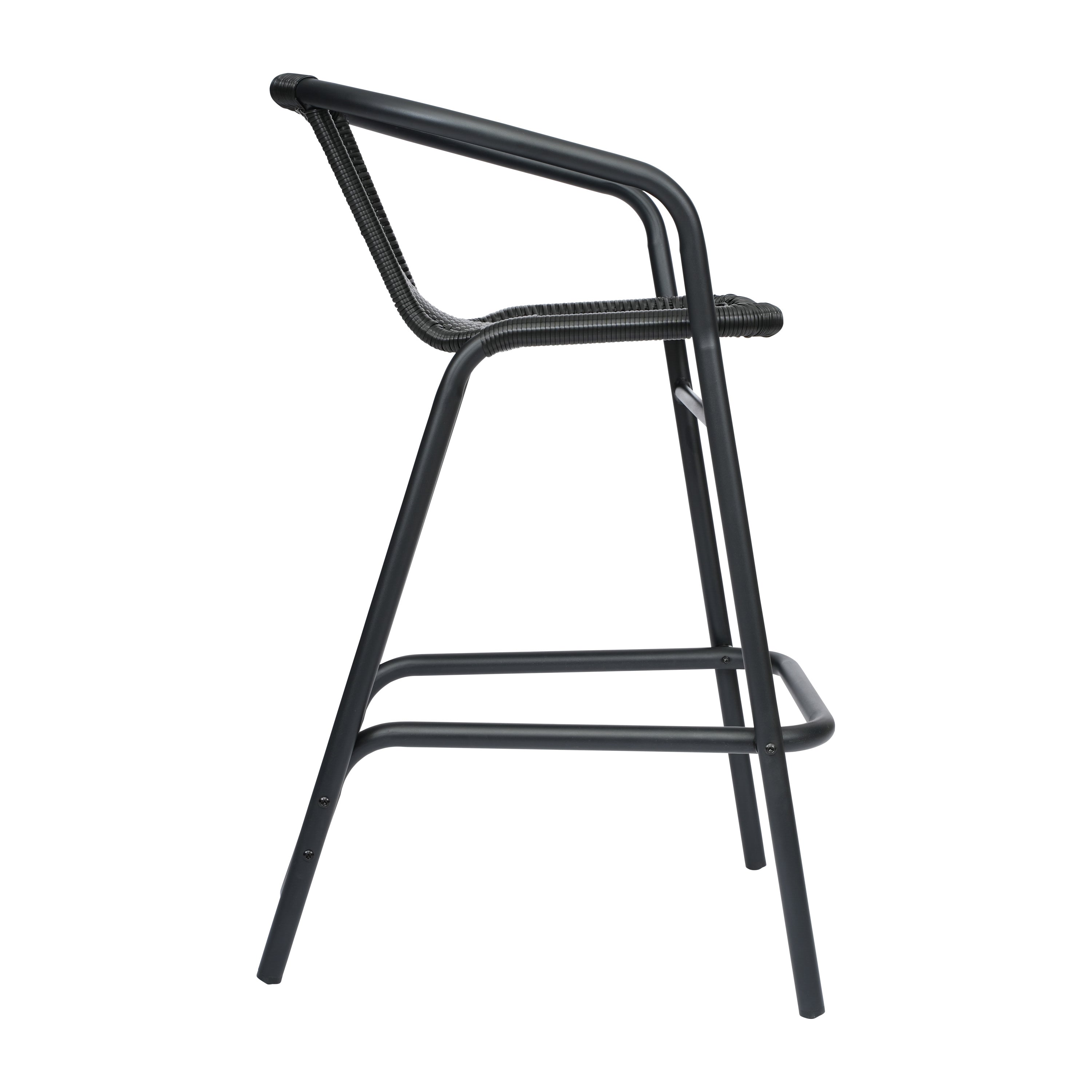 Lila Set of 2 Commercial Grade Indoor-Outdoor PE Rattan Restaurant Barstool with Black Aluminum Frame and Footrest in Black
