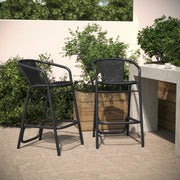 Lila Set of 2 Commercial Grade Indoor-Outdoor PE Rattan Restaurant Barstool with Black Aluminum Frame and Footrest in Black